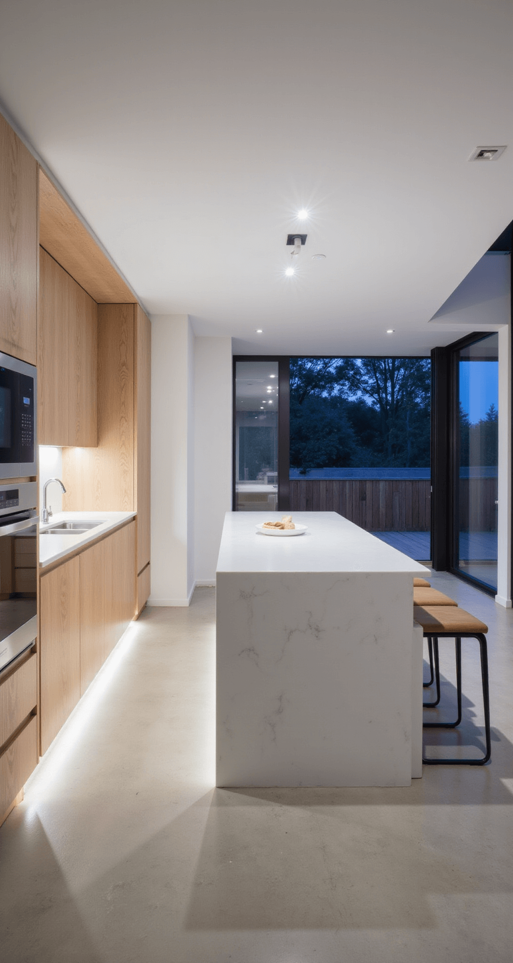 Aerial view of a minimalist kitchen extension with clean lines, featuring pale eucalyptus wood cabinetry, integrated appliances, a central island with pure white quartz, and polished concrete floors reflecting soft ambient light during blue hour.