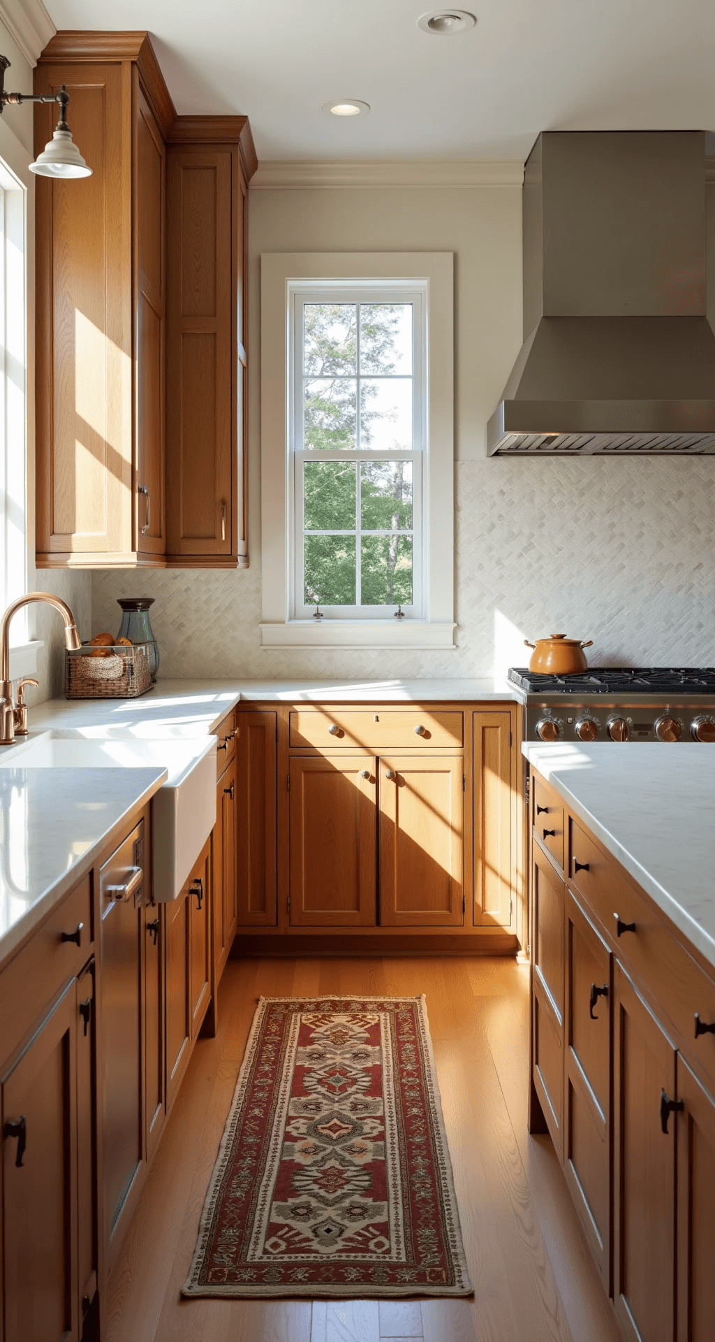 Bright and inviting kitchen showcasing cream Zellige tile backsplash, rift-sawn oak cabinets, honed marble countertops, vintage runner on wide-plank flooring, and warm copper and brass accents, illuminated by mid-afternoon sunlight.