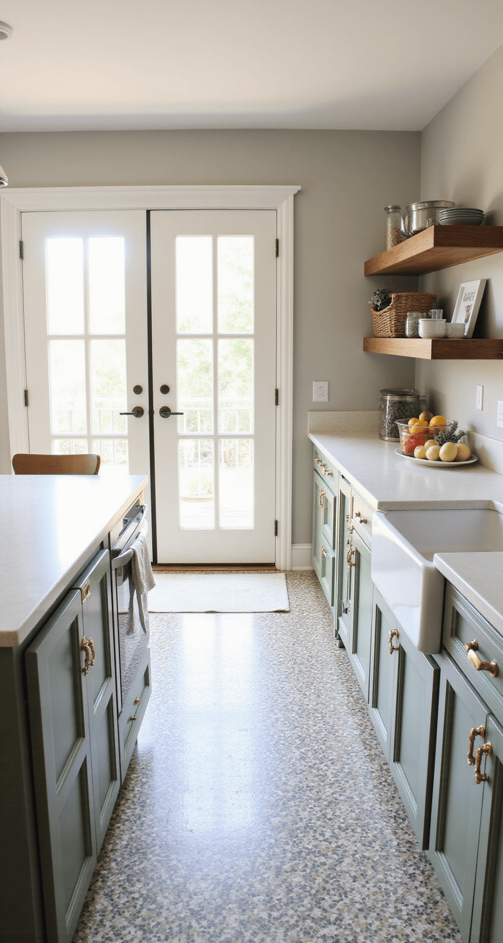 A bright kitchen transformation featuring sage green cabinets, new quartz countertops, DIY open shelving, patterned cement tiles, and mixed metal fixtures, with morning light streaming through French doors.