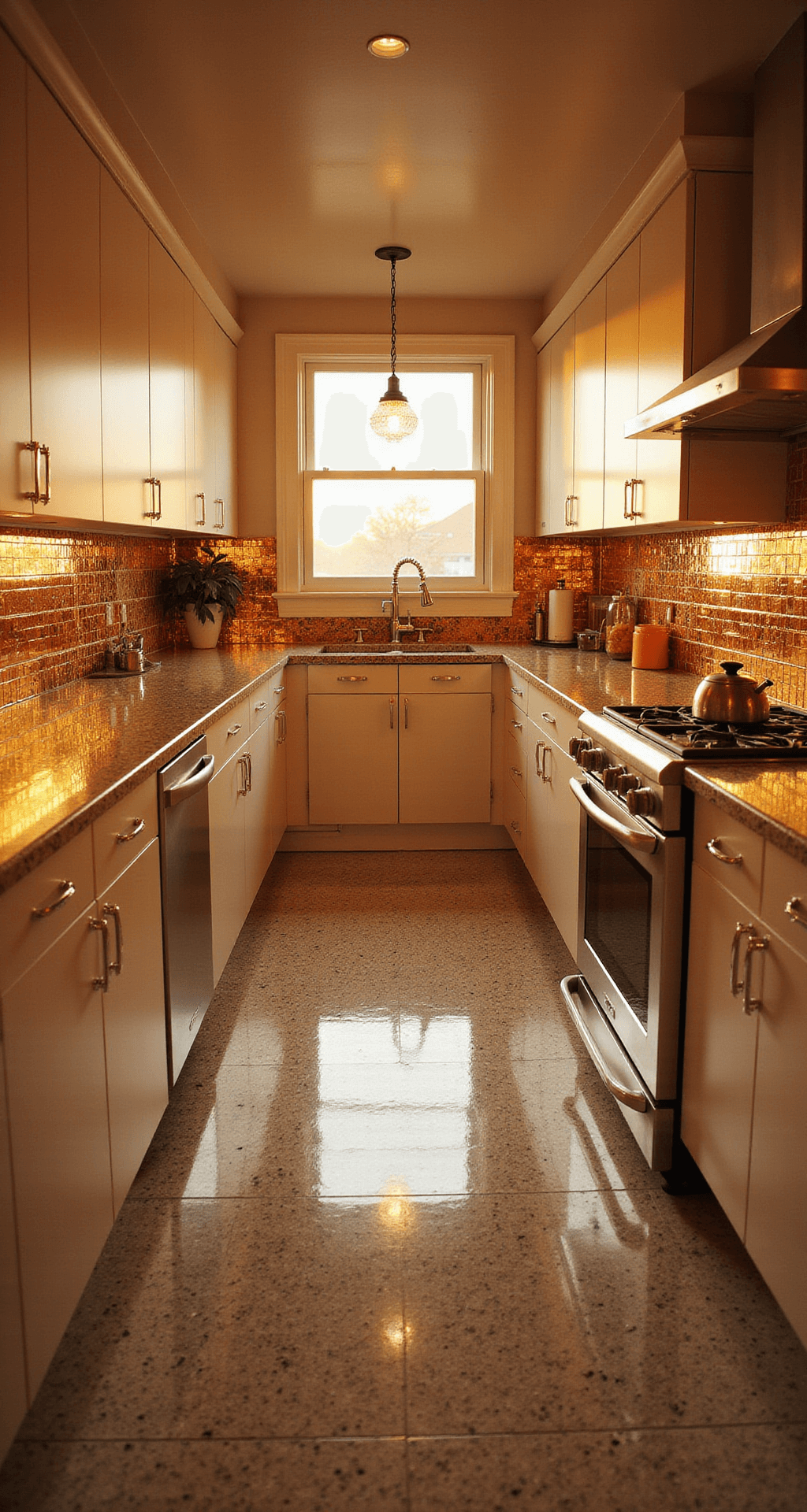 A compact galley kitchen featuring a floor-to-ceiling mirror tile backsplash, reflecting warm golden hour sunlight. White shaker cabinets frame the space, while chrome fixtures and small crystal pendant lamps add sparkle. The atmosphere is luminous and sophisticated, with light creating a sense of depth and expansiveness.