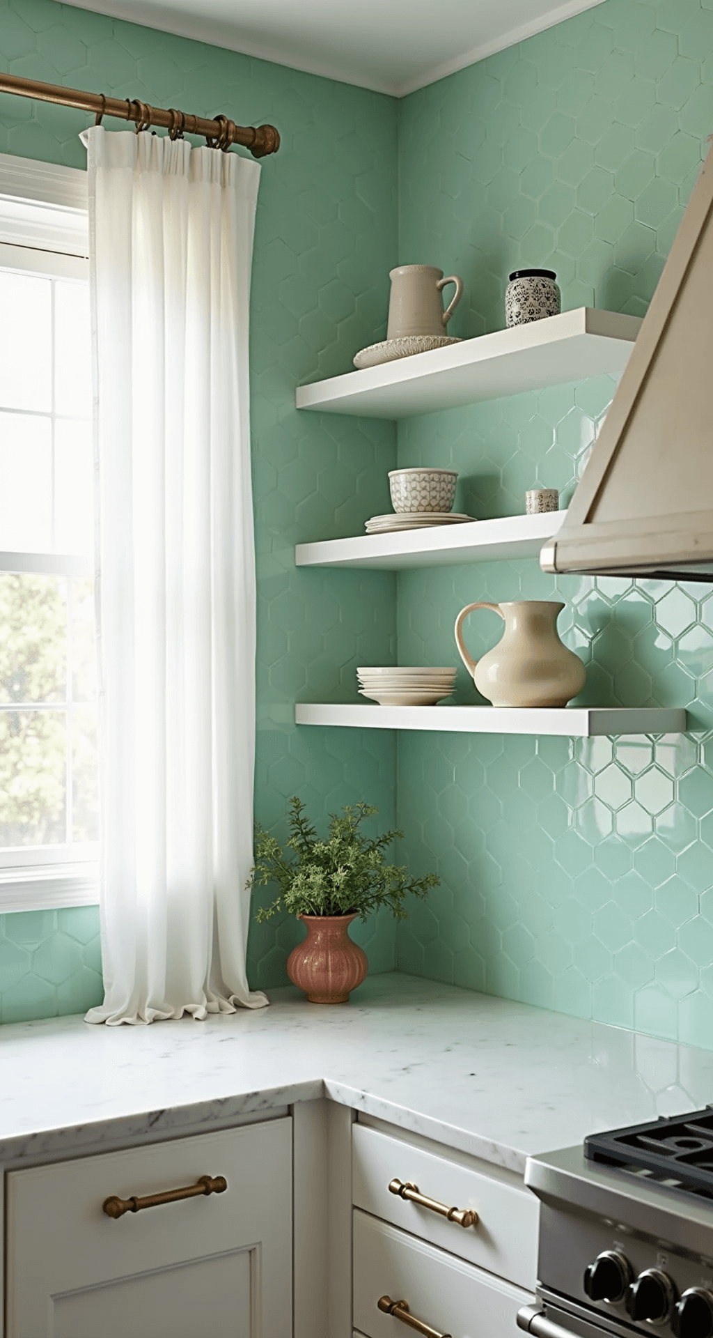 A serene kitchen nook features fresh mint green hexagonal tiles, white open shelving with curated ceramics, warm brass hardware, and cool white marble countertops, all illuminated by soft morning light through sheer curtains.