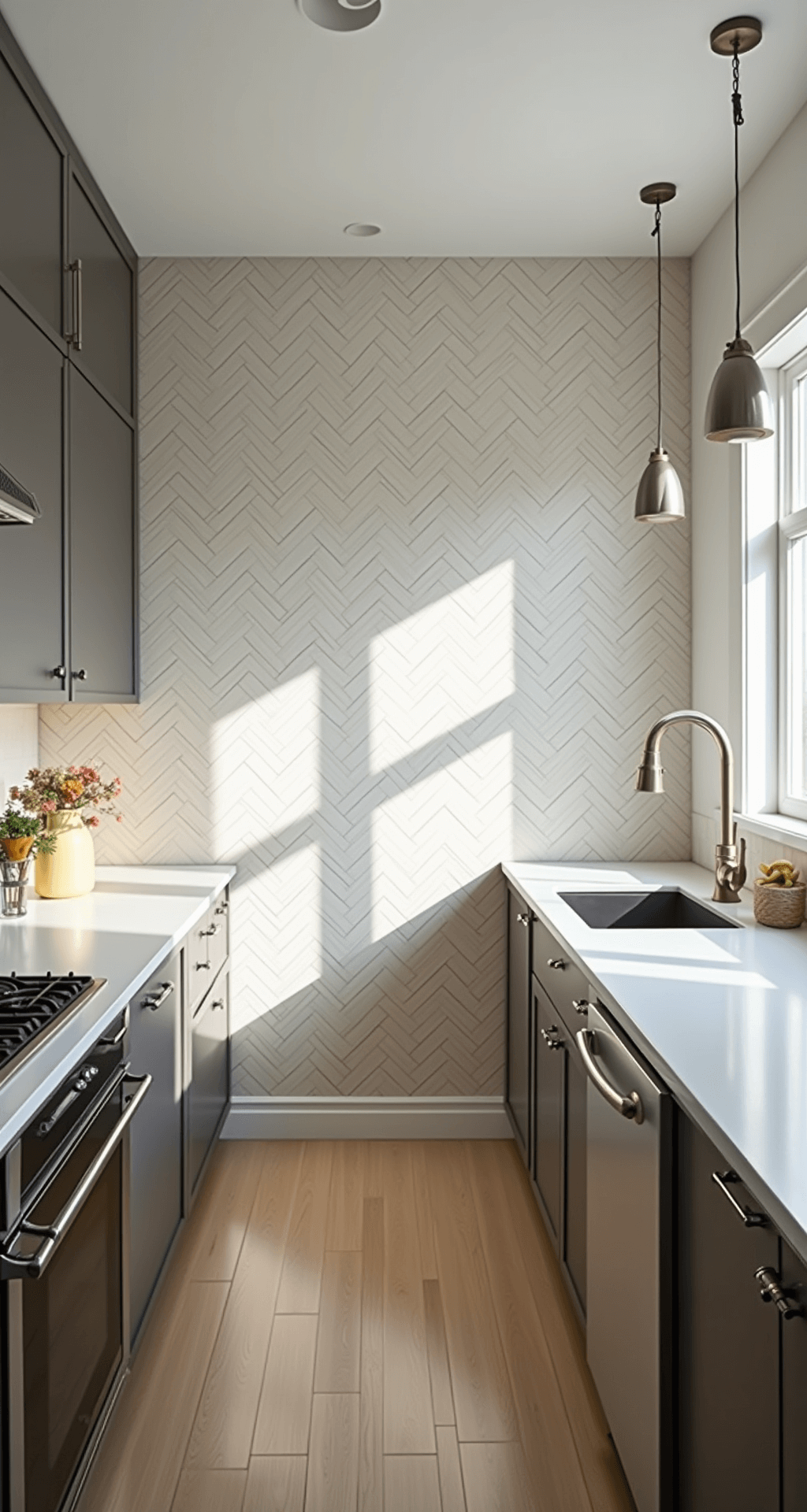 Dynamic herringbone-patterned backsplash in bone white, soaring 12 feet high in a narrow kitchen, illuminated by mid-afternoon light that casts shadows across the diagonal 2x8 inch tiles; complemented by flat-front greige cabinets and minimalist brushed nickel pendant lights, captured from a diagonal angle to highlight the energetic and flowing atmosphere.