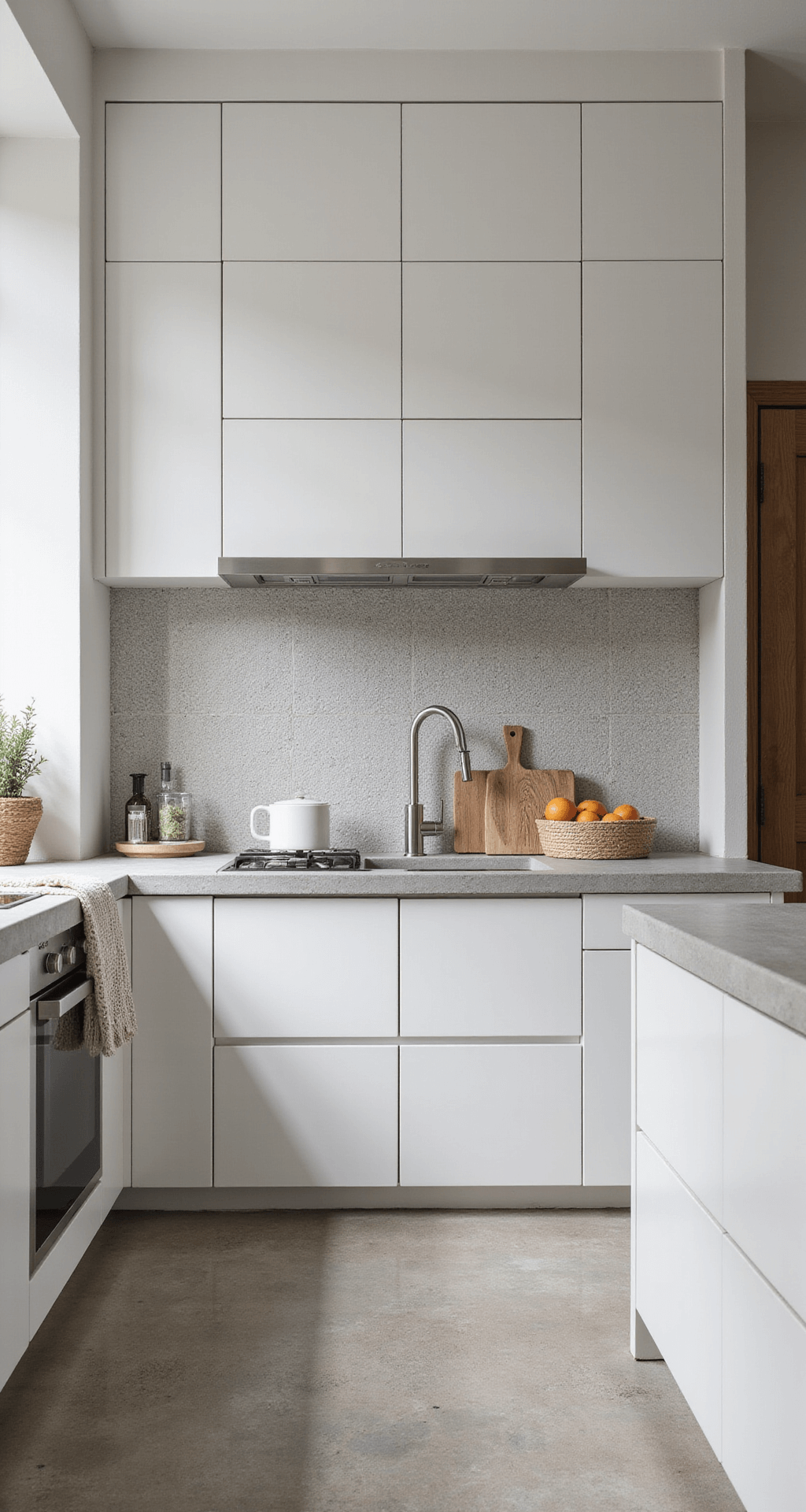 Artisanal pearl grey penny round tiles in a textured pattern enhance a 9x11 foot kitchen, softened by diffuse afternoon light, with matte white cabinetry and warm grey concrete countertops, creating a tactile and organic mood.