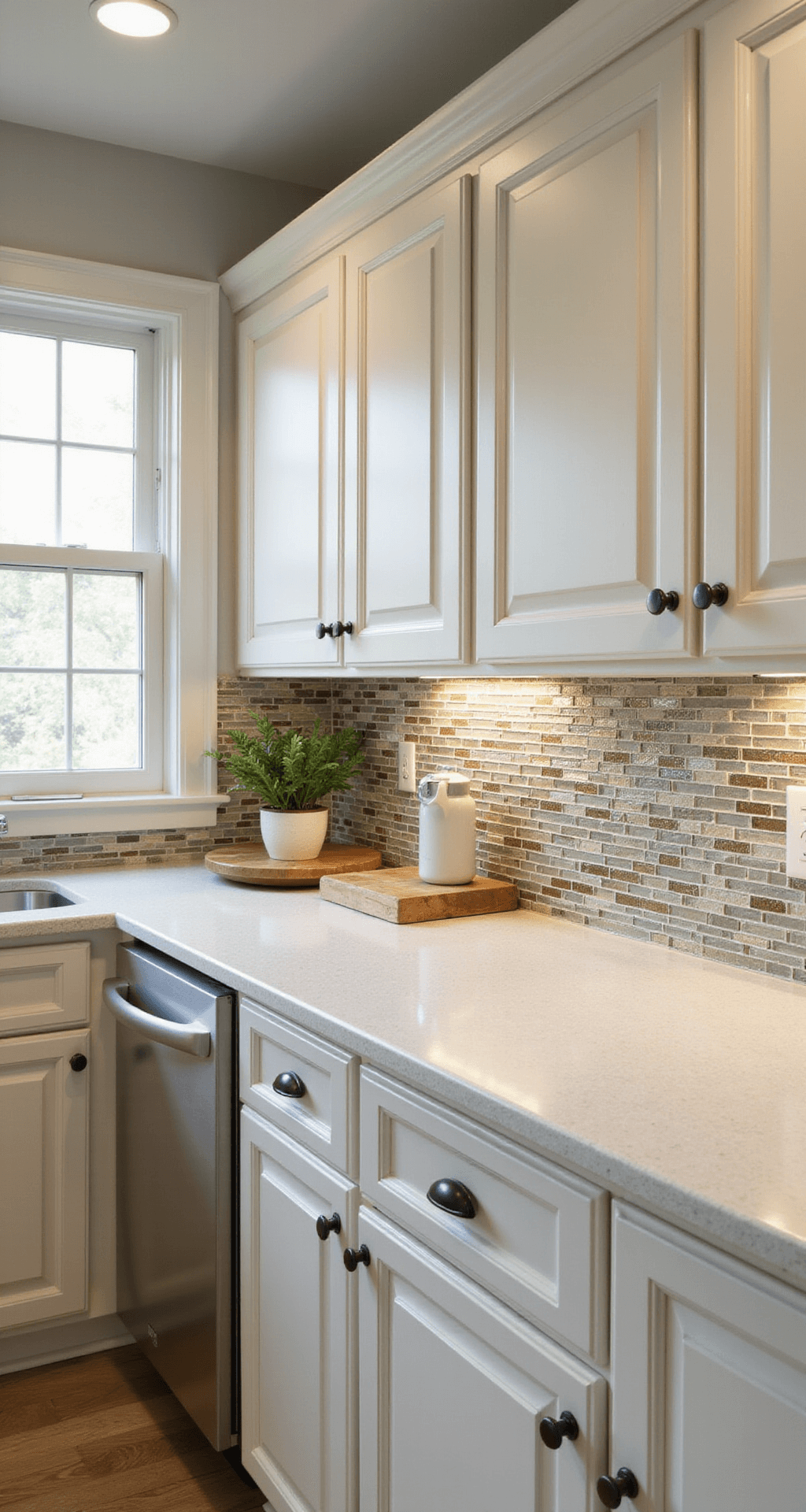 Elegant kitchen featuring a mixed-material backsplash of high-end glass accent tiles and ceramic subway tiles, with cream cabinets, an ivory waterfall quartz island, and morning light highlighting metallic accents.