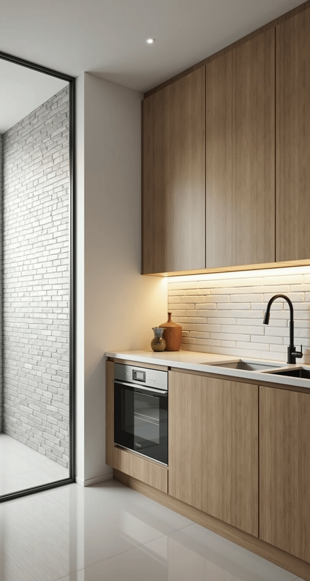 A spacious kitchen featuring ceiling-height stacked porcelain tiles in cloud white, complemented by light oak flat-panel cabinets and minimal grout lines, illuminated by under-cabinet LED lighting, shot with a tilt-shift lens to highlight verticality and expansive feel.