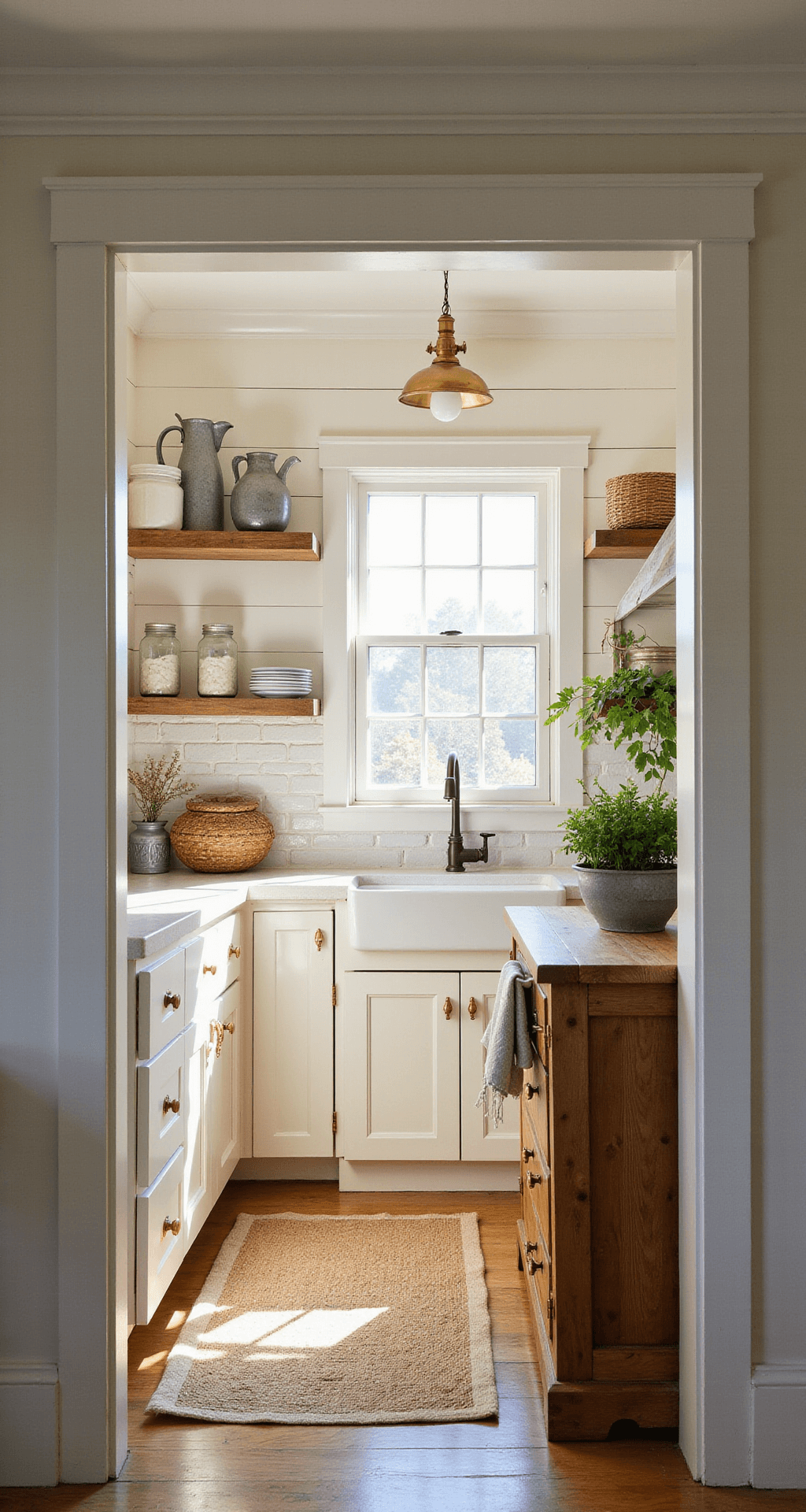Farmhouse Kitchen Magic: Transform Your Tiny Space into a Charming Culinary Haven Intimate farmhouse kitchen with white shiplap walls and cream cabinets, illuminated by golden morning light. Features include reclaimed wood shelves with vintage ironstone, a butcher block island with fresh herbs, and warm accents from a vintage pendant lamp, all set against a light-reflecting subway tile backsplash.
