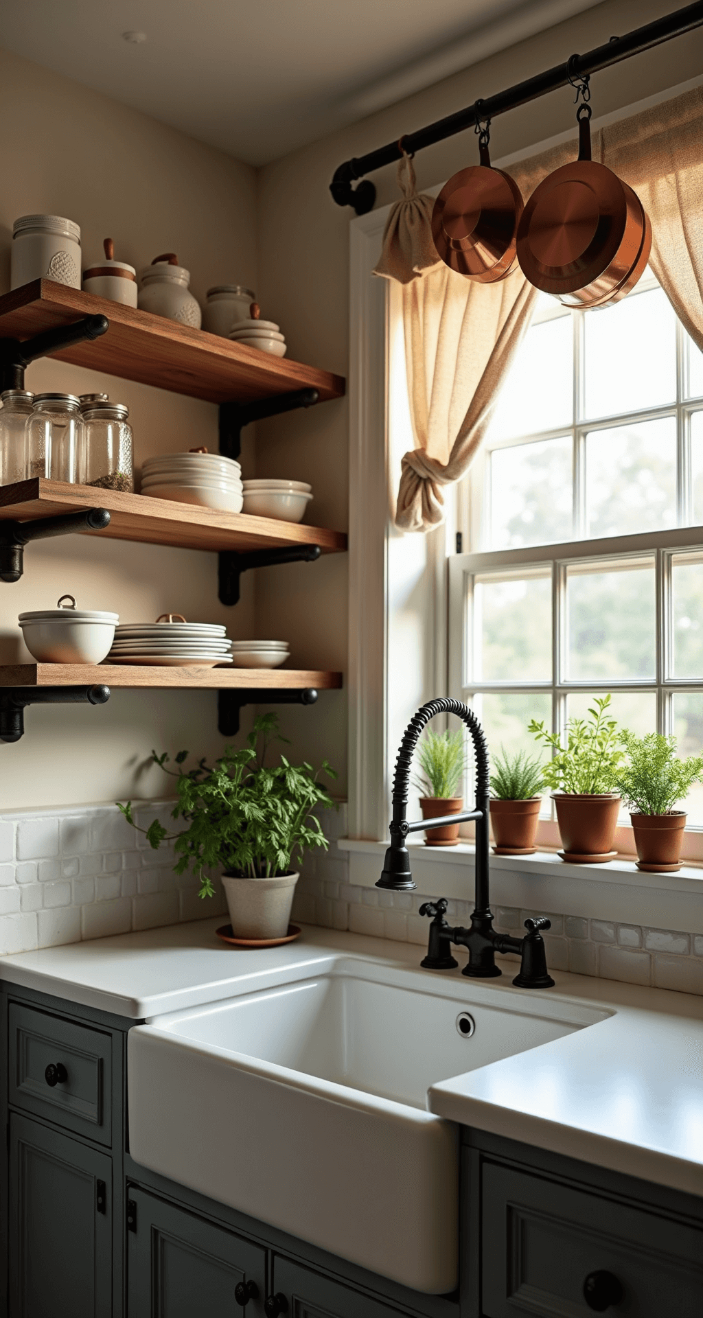 Farmhouse Kitchen Magic: Transform Your Tiny Space into a Charming Culinary Haven Corner view of a cozy farmhouse kitchen at dusk, featuring an open shelving system made of industrial pipes and aged wood, white ceramic dishes, clear glass canisters, and a Belfast sink with an oil-rubbed bronze faucet, complemented by potted herbs and hanging copper pots.
