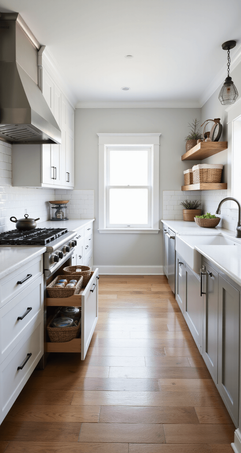 Farmhouse Kitchen Magic: Transform Your Tiny Space into a Charming Culinary Haven Overhead view of a galley-style farmhouse kitchen bathed in mid-morning light, featuring smart storage solutions like pull-out spice racks, a professional-grade range, and custom hood. The white quartz countertops contrast with light gray beadboard cabinets, while woven baskets and an antique scale add warmth and character.