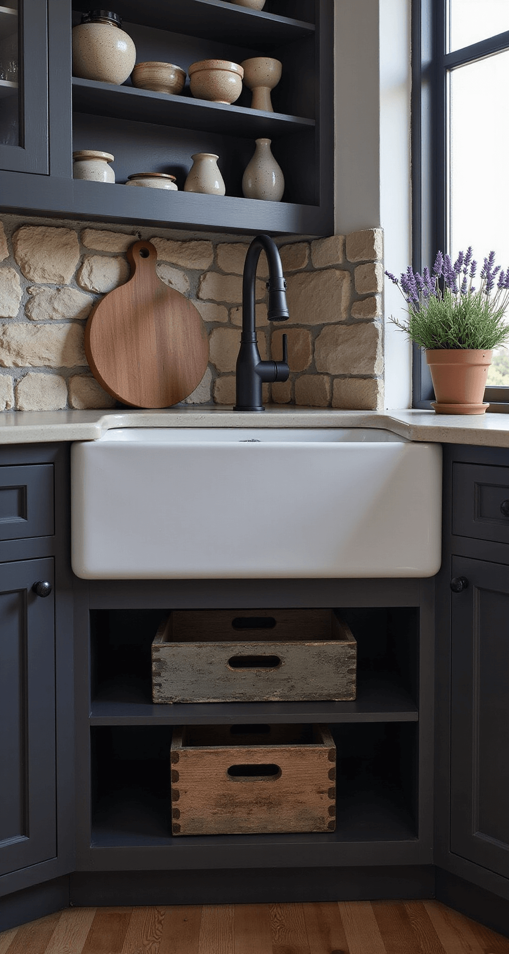 Farmhouse Kitchen Magic: Transform Your Tiny Space into a Charming Culinary Haven Eye-level view of a farmhouse sink vignette at dusk, featuring a rough stone backsplash, hand-thrown pottery, weathered wooden cutting boards, and a matte black modern faucet. A vintage crate serves as under-sink storage, visible through glass cabinet doors, while small potted lavender adds a touch of life. The color palette includes charcoal, warm whites, natural wood tones, and deep purple accents.