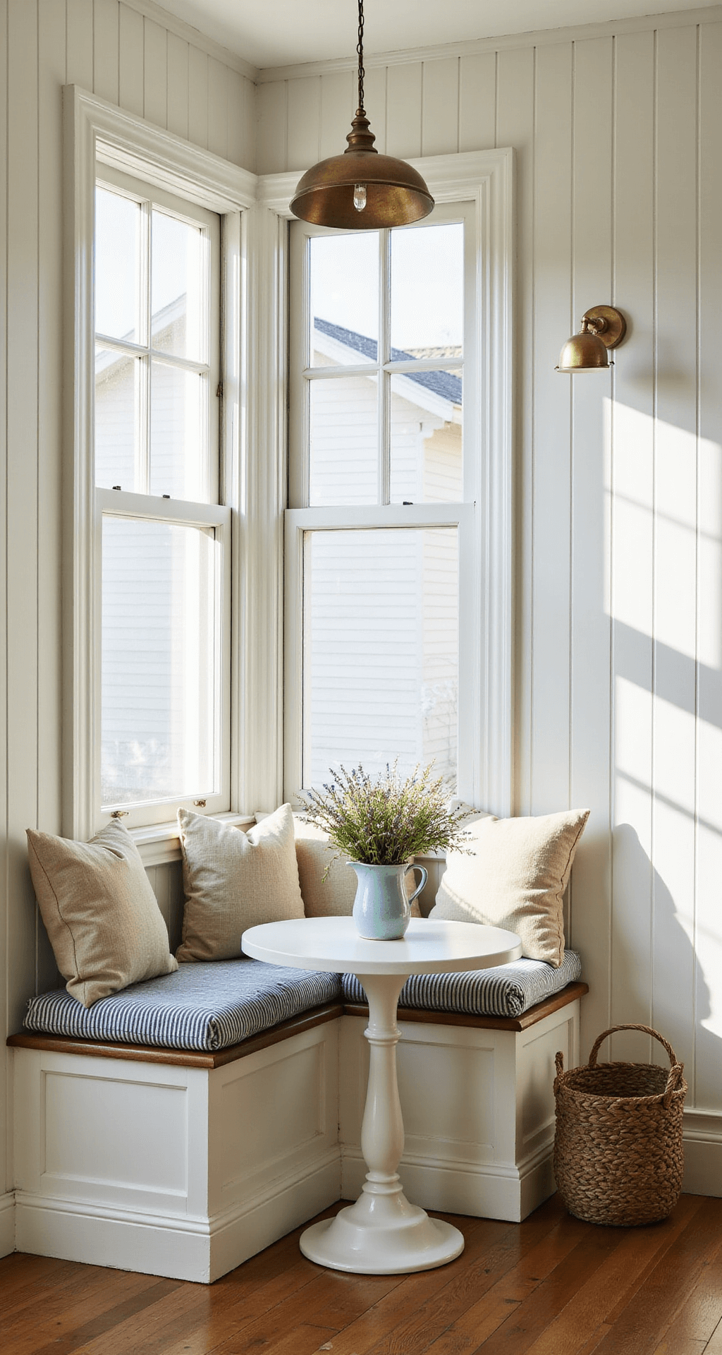 Farmhouse Kitchen Magic: Transform Your Tiny Space into a Charming Culinary Haven A sunlit corner of a micro kitchen features a built-in bench with shiplap backing, adorned with ticking stripe cushions and vintage grain sack pillows. A small round pedestal table is styled with an ironstone pitcher of wildflowers, while a wall-mounted swing-arm sconce in aged brass casts dramatic shadows from the window mullions. The color palette includes warm whites, faded blues, and honey wood tones.