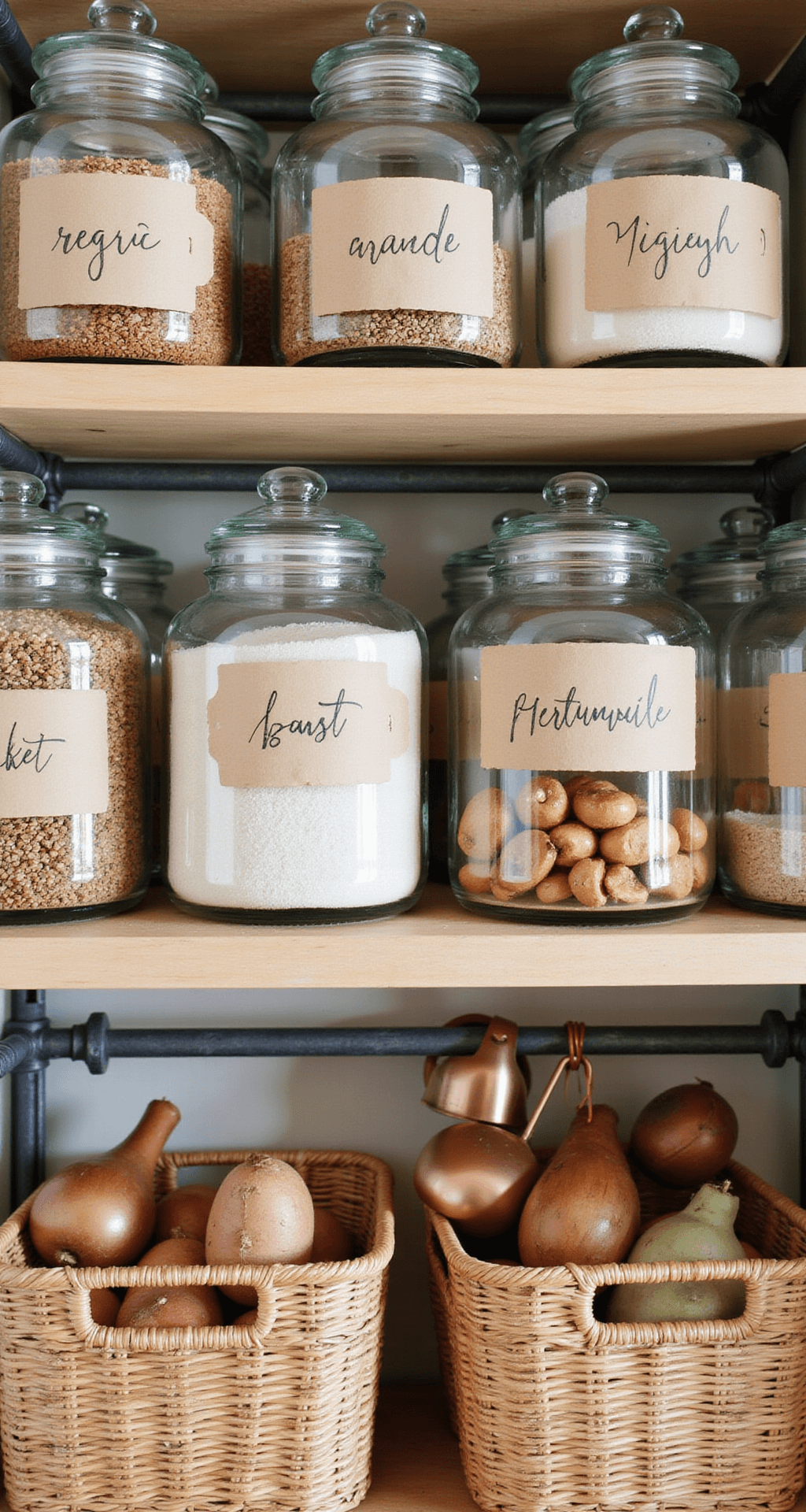 Farmhouse Kitchen Magic: Transform Your Tiny Space into a Charming Culinary Haven Detail shot of a pantry showcasing organized glass storage solutions, featuring vintage mason jars filled with dry goods on industrial pipe shelving, with calligraphy labels on kraft paper. Below, woven market baskets hold root vegetables, while patinated copper measuring cups hang from hooks. The scene is illuminated by afternoon light, highlighting clear glass, copper, kraft brown, and white colors.