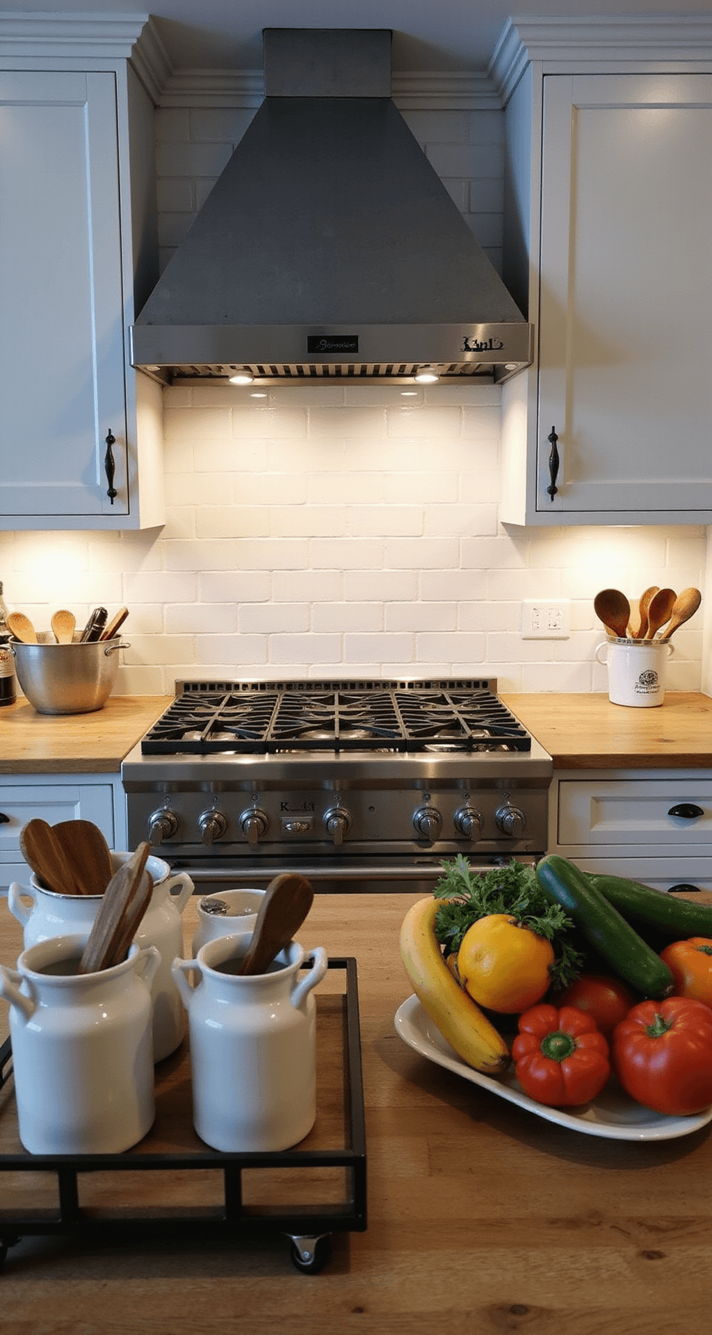 Farmhouse Kitchen Magic: Transform Your Tiny Space into a Charming Culinary Haven Low-angle view of a stylish kitchen at night, showcasing a custom zinc range hood, illuminated marble subway tile backsplash with under-cabinet lights, a rolling butcher block cart with ceramic crocks of wooden utensils, and a vintage enamel colander filled with fresh produce, all in soft whites, gray zinc, warm woods, and vibrant colors.
