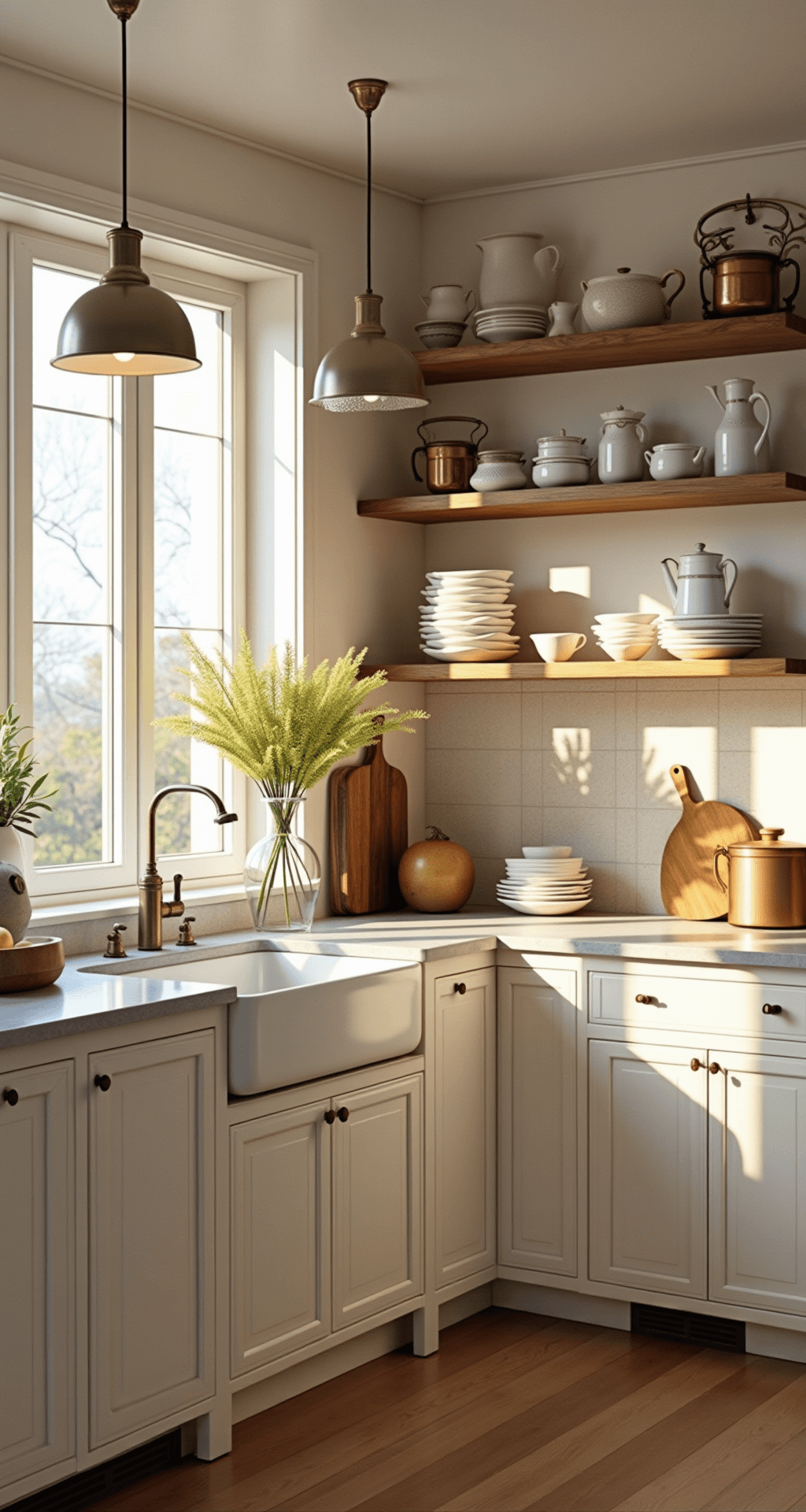 A sunlit farmhouse kitchen with cream shaker cabinets, a weathered oak island, and a white apron sink. Warm light streams through large windows, illuminating vintage decor and ironstone pottery, creating an inviting atmosphere.