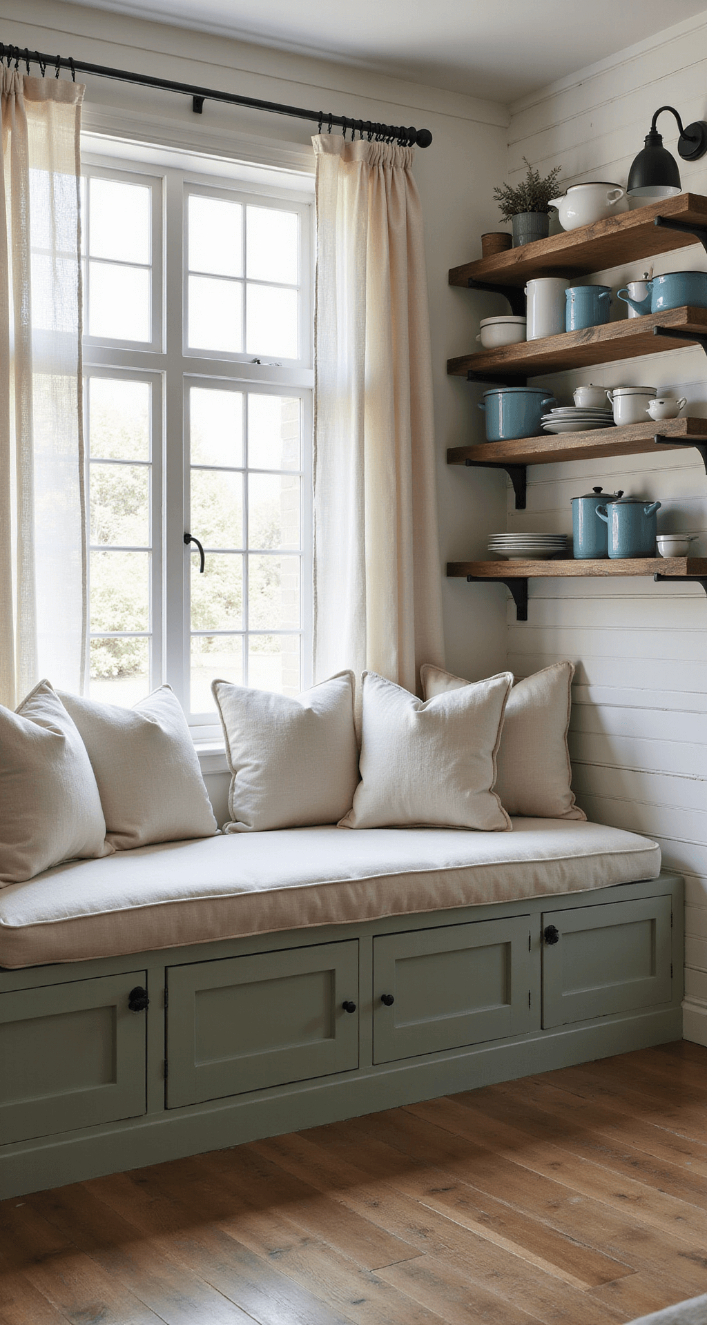 An intimate farmhouse kitchen at dawn with cream linen cushions on a built-in window seat, sage green lower cabinets, reclaimed barn wood shelving, and vintage enamelware against shiplap walls, featuring matte black hardware and industrial sconces, captured from a lowered perspective with soft morning light filtering through cafe curtains.