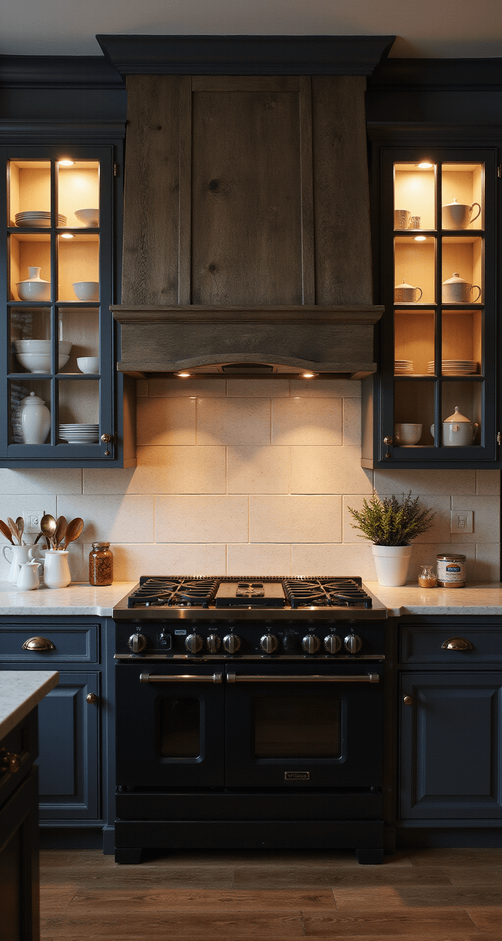 A cozy farmhouse kitchen at dusk, featuring warm light from glass-front cabinets filled with white ironstone, a striking weathered wood range hood above a matte black gas range, and a shimmering Zellige tile backsplash, all captured from an elevated corner angle to enhance depth and highlight the interplay of cool twilight and warm interior lighting.