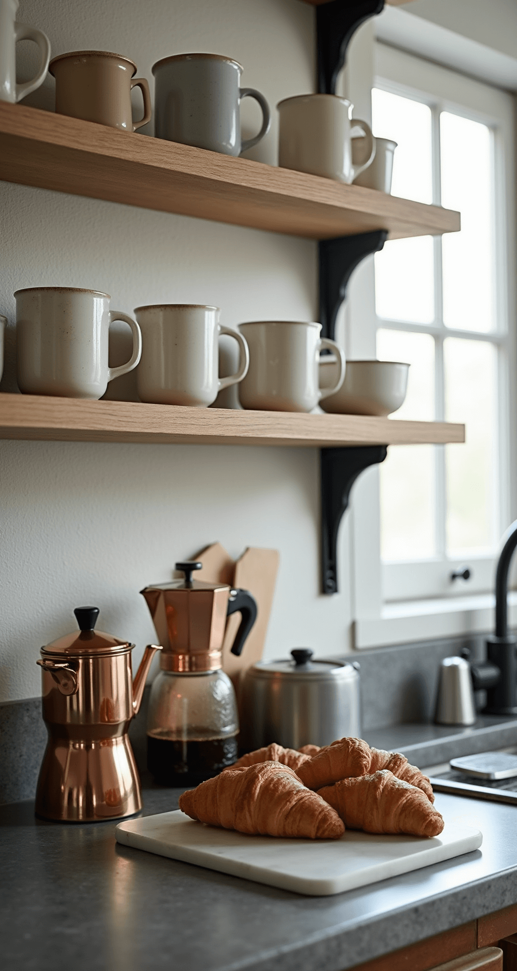 A close-up view of a farmhouse kitchen coffee station at breakfast time, featuring vintage pottery mugs on a white oak shelf, a manual copper coffee maker, and fresh croissants on a marble board, all bathed in soft early morning light.