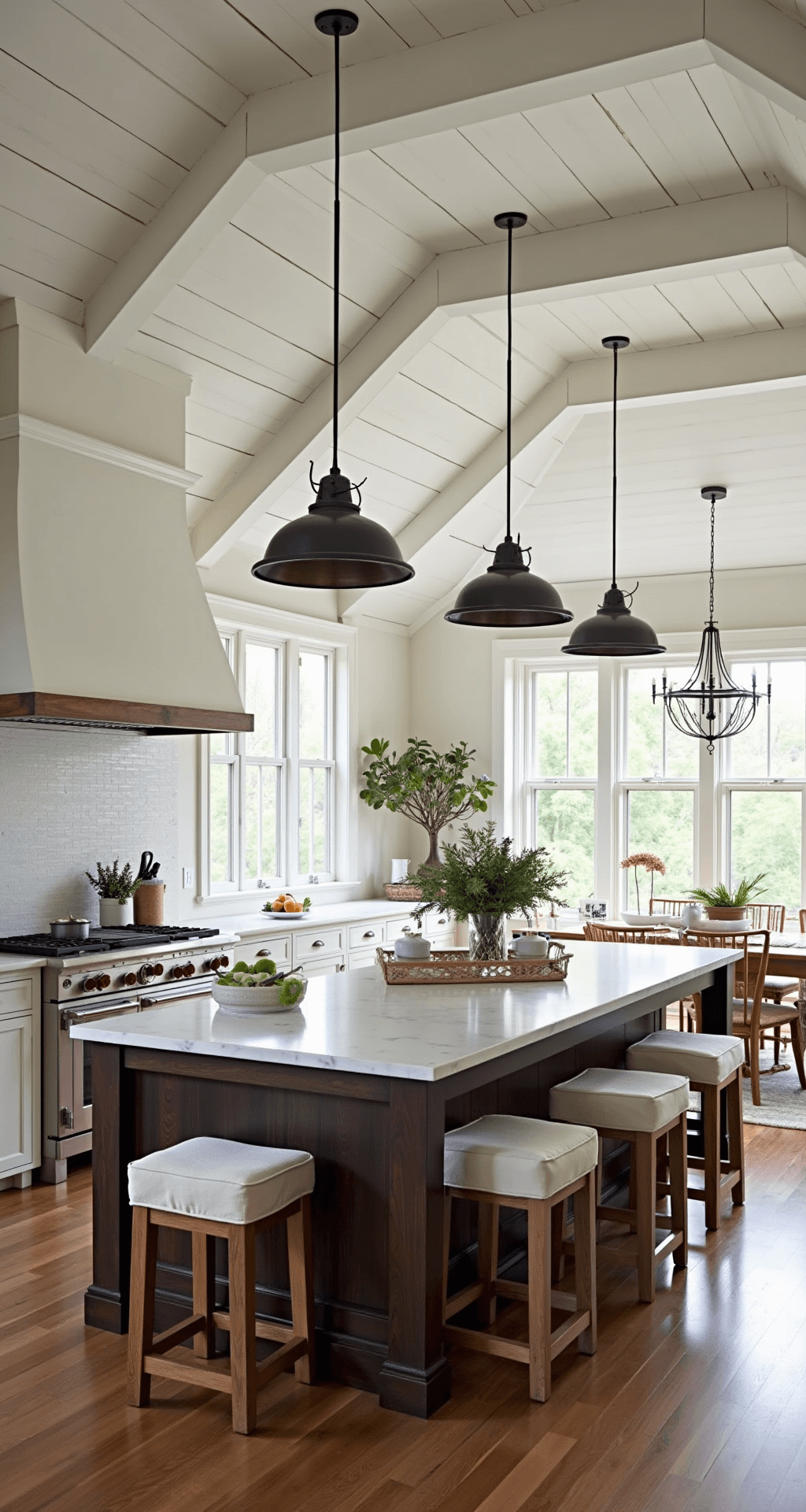 A spacious farmhouse kitchen during holiday meal prep, featuring high ceilings, exposed beams, a dark oak island with white marble, and bright, airy lighting, conveying a warm and inviting atmosphere.