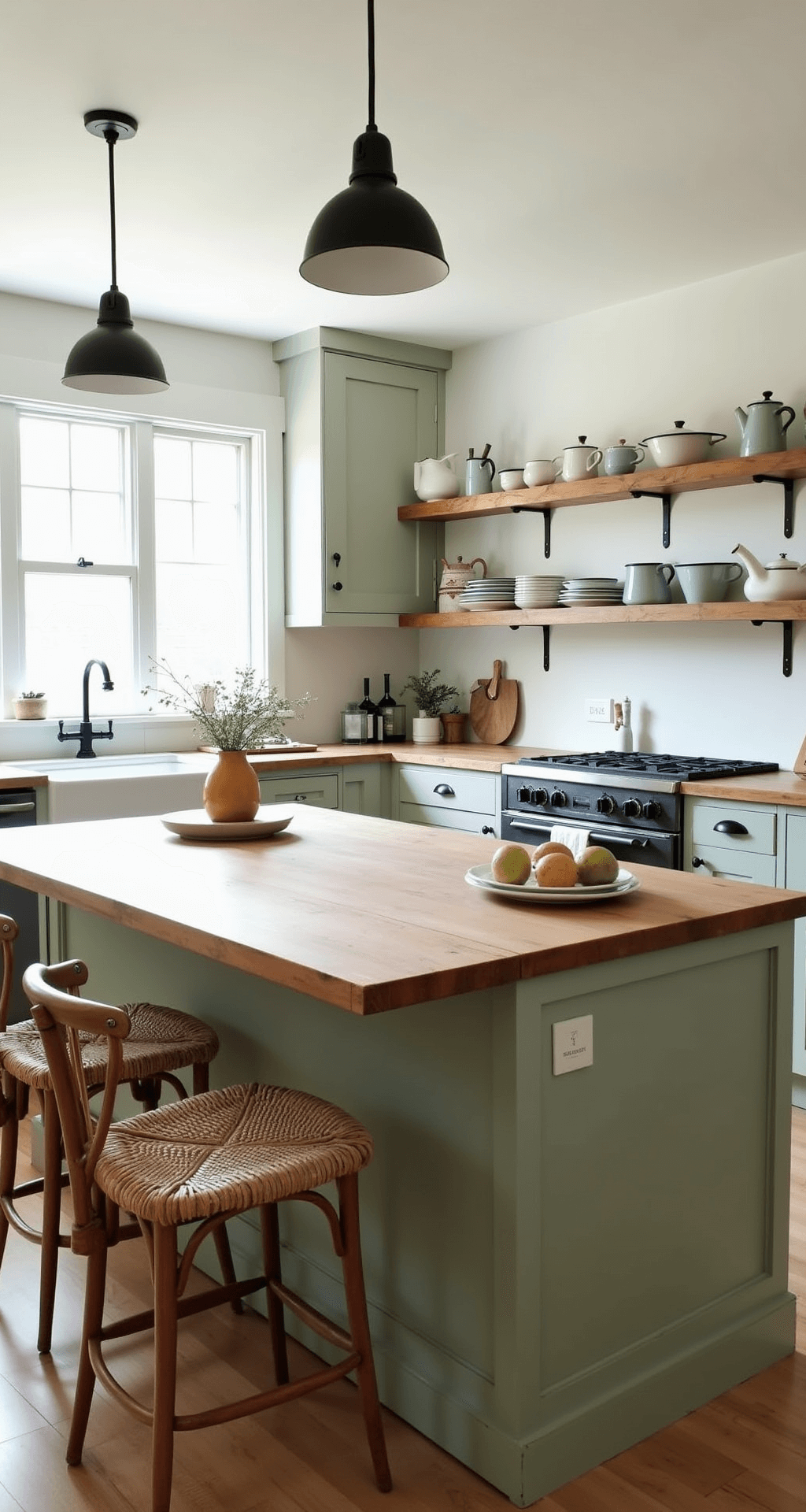A spacious kitchen bathed in morning light highlights an L-shaped island with a sage green base and butcher block top, surrounded by woven rattan barstools. Two walls of windows provide natural backlighting, showcasing a vintage enamelware collection on open shelves, with black iron hardware adding contrast. The eye-level perspective captures the island's length, emphasizing the soft lighting and layered textures in a color scheme of sage green, warm wood tones, creamy whites, and matte black accents.