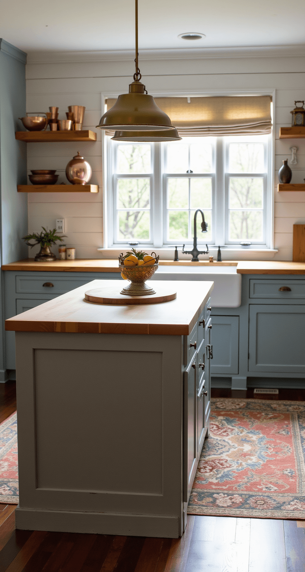 Cozy kitchen features a two-tier island with dove gray lower cabinets and a butcher block dining surface, bathed in soft natural morning light from a wall of windows with roman shades. A vintage rug adds warmth, while open shelving showcases copper and brass collections, creating a symmetrical and inviting space with warm grays, honey wood tones, and subtle blue accents.