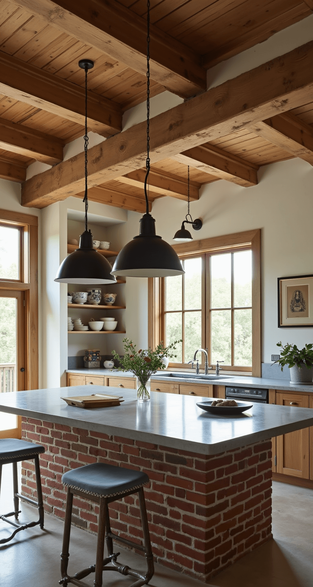 Late afternoon kitchen showcasing a large island with a reclaimed brick base and concrete countertop, highlighted by antique pulley pendant lights hanging from exposed wooden beams. A built-in hutch in the corner displays an ironstone collection, while Belgian linen upholstered barstools offer comfortable seating. The image is taken from a dramatic angle, accentuating the architectural details and bathed in warm golden hour lighting, with a color palette of warm brick reds, cool concrete gray, natural woods, and creamy whites.