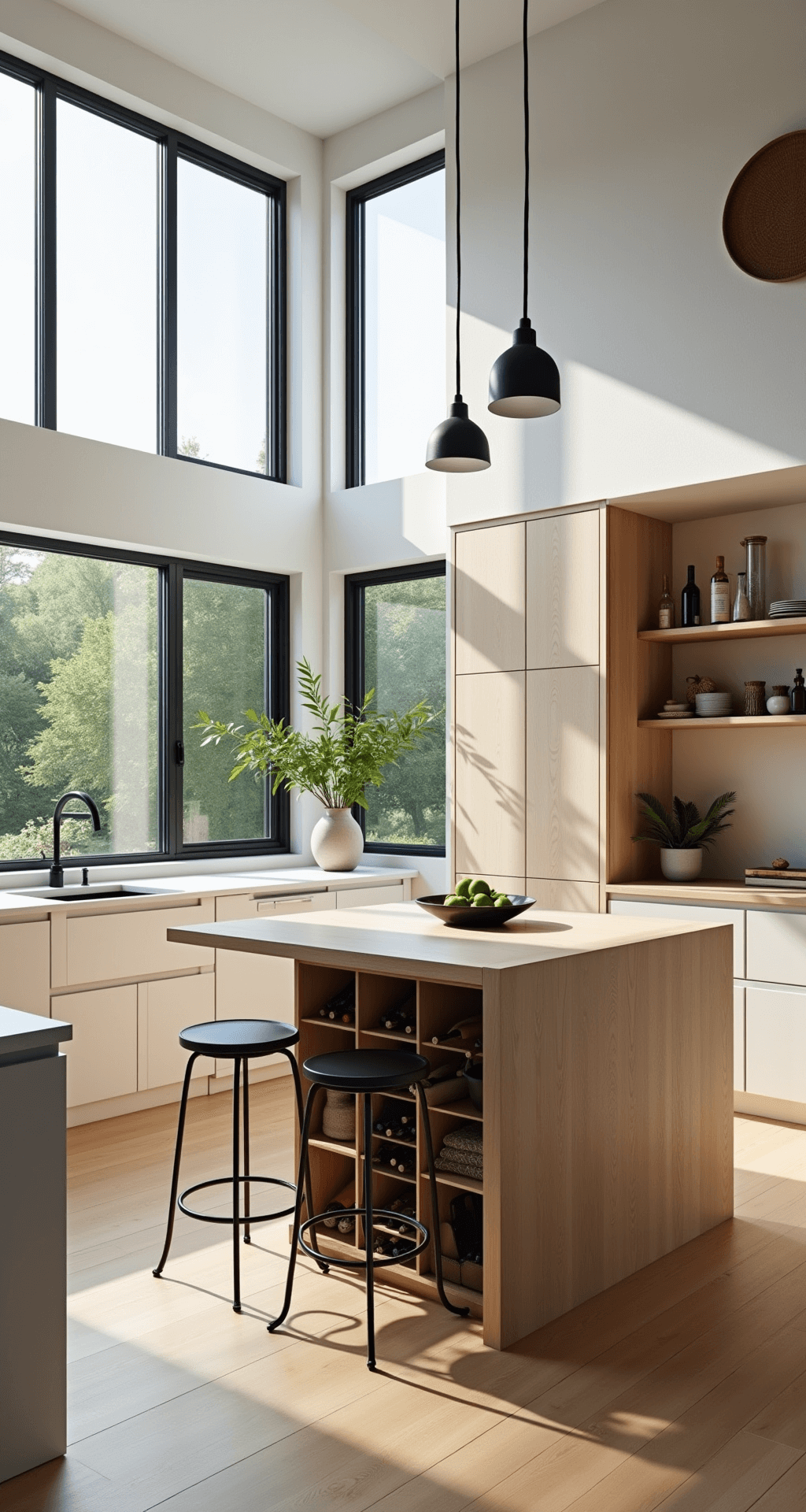 A minimalist modern farmhouse kitchen featuring a 9ft white oak island with waterfall edges, floor-to-ceiling windows, black metal pendant lights, built-in wine storage, and open shelving with curated collections, all bathed in bright, airy lighting with subtle shadows.