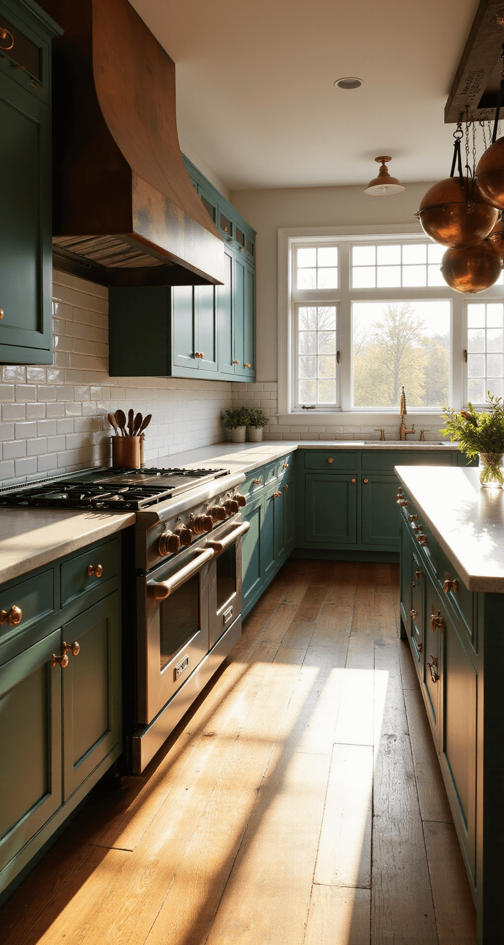 A spacious farmhouse kitchen featuring forest green cabinets with brass hardware, a weathered copper hood above a vintage-style range, and a sage-painted island. Bathed in golden hour light from west-facing windows, the room showcases wide plank oak floors and textured subway tiles, with vintage copper pots hanging from a ceiling-mounted rack.