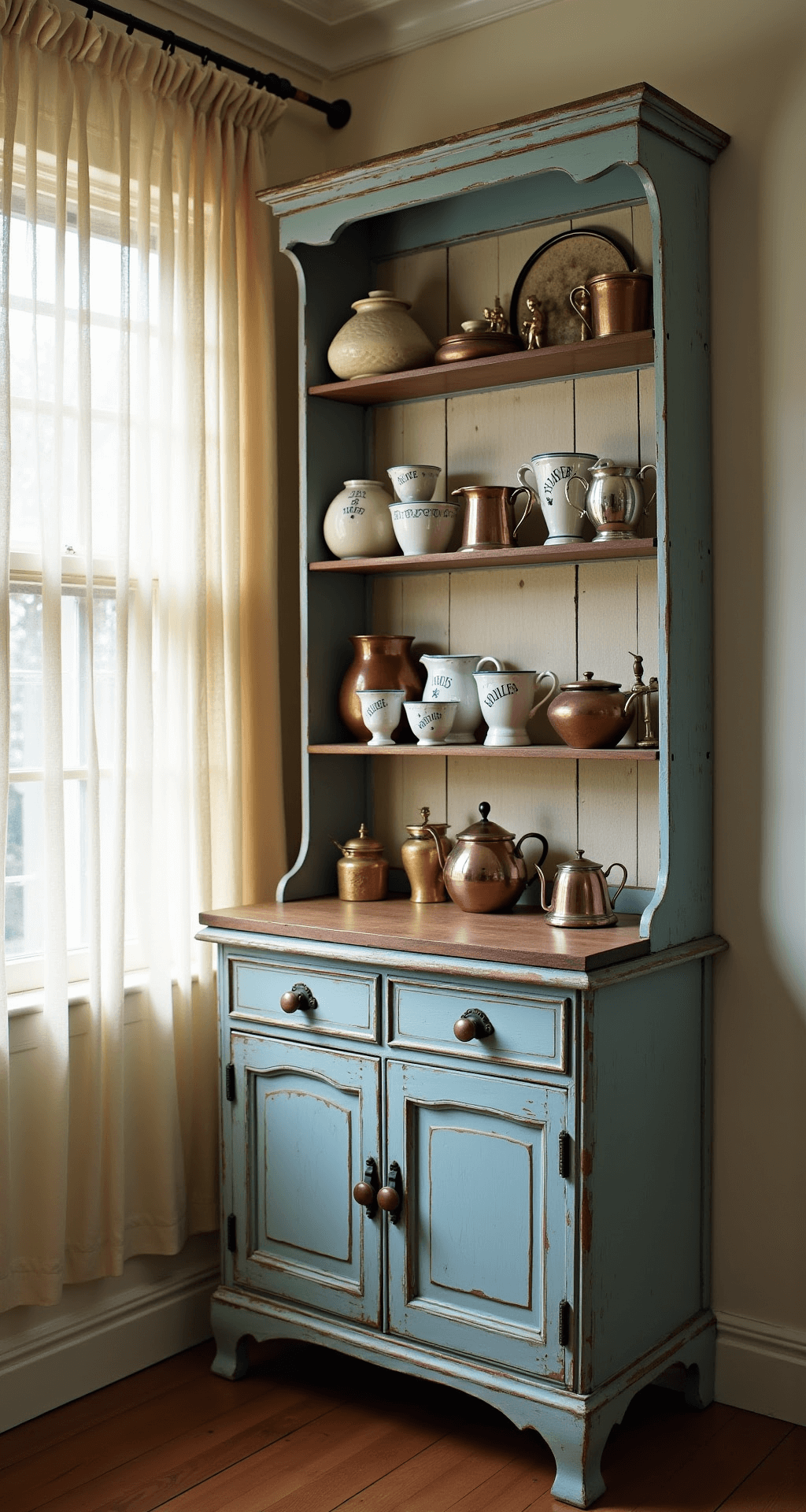 An intimate kitchen corner at dawn featuring a repurposed Victorian baker's rack as a coffee station, illuminated by morning light filtering through sheer linen curtains, highlighting ironstone pottery and copper coffee accessories, with weathered blue paint revealing layers of history, shot from a low angle with a soft bokeh effect on the background.