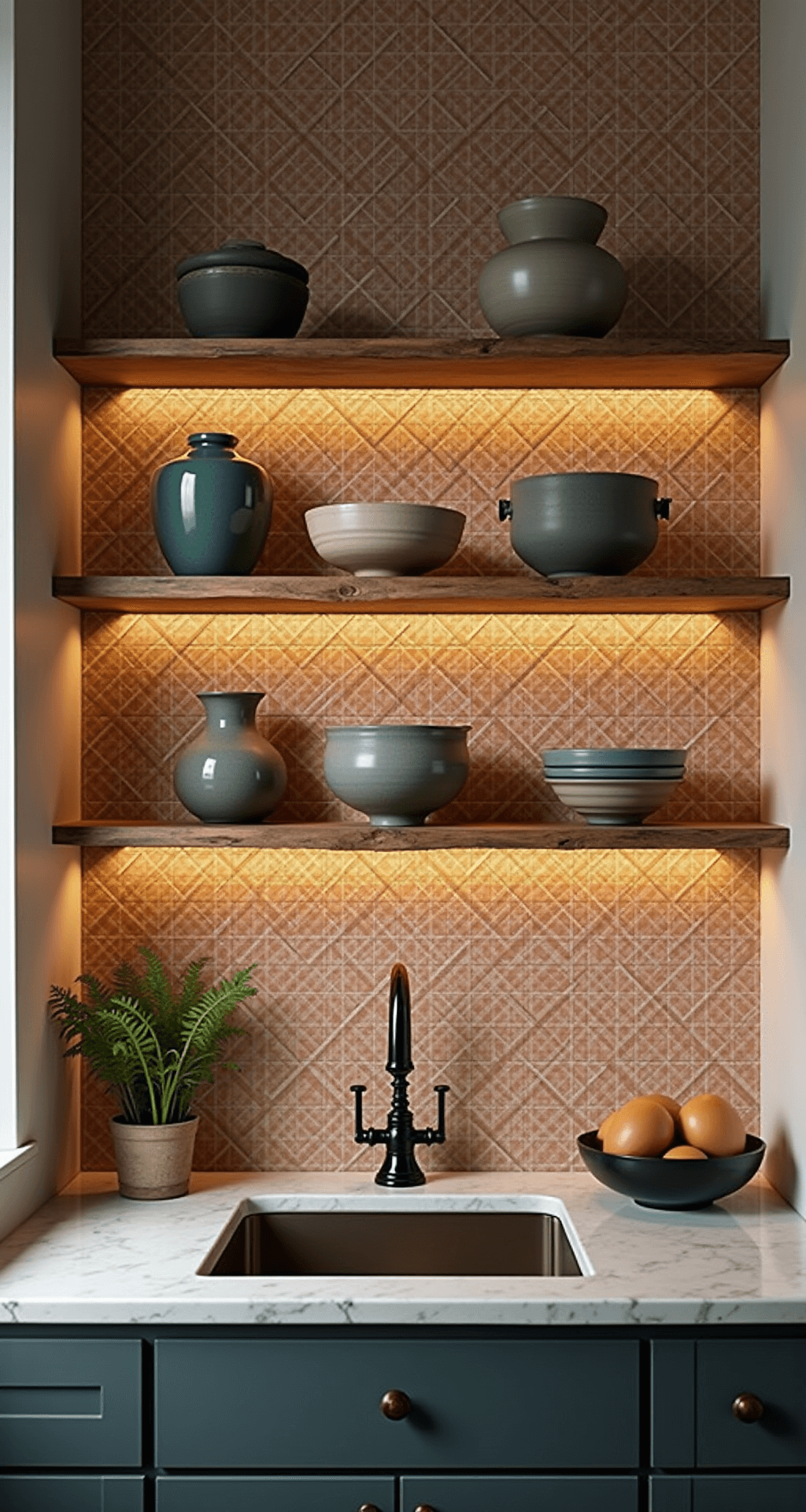 Cozy kitchen nook featuring a geometric terracotta and sage tile backsplash, under-cabinet and copper sconce lighting illuminating artisanal pottery on live-edge floating shelves, captured at backsplash height for a symmetrical composition.