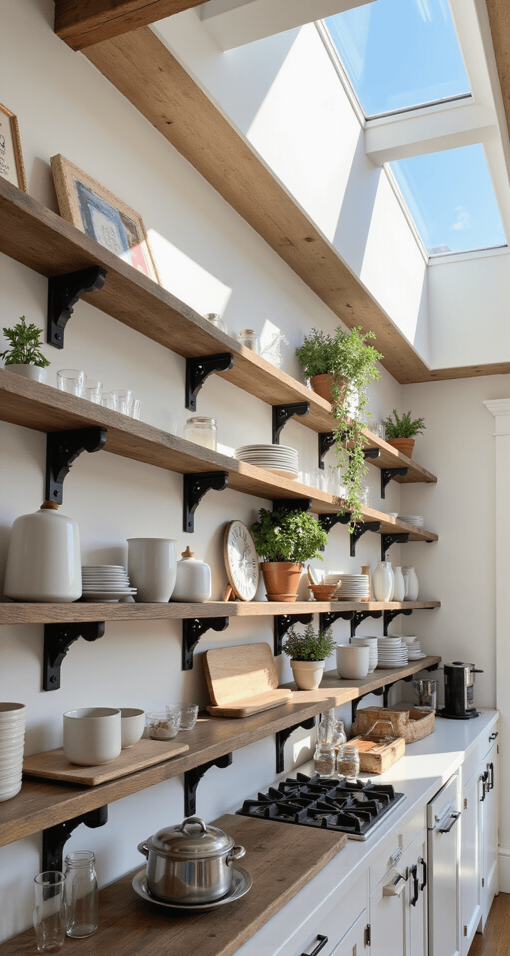 A sun-filled kitchen with floor-to-ceiling open shelving made from reclaimed barn wood, displaying white ceramics, vintage glass, and potted herbs, illuminated by natural light from skylights.