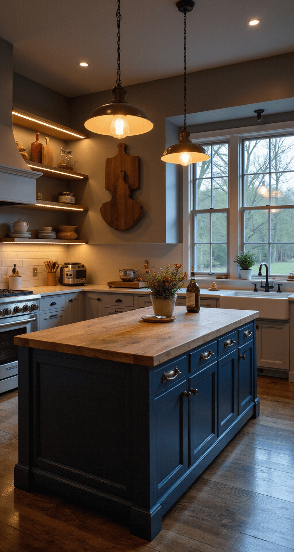 A spacious twilight kitchen features a statement island with a distressed navy base and butcher block top, illuminated by vintage-style pendant lights and hidden LED strips. Antique cutting boards adorn a nearby gallery wall, with warm lighting creating an intimate atmosphere.