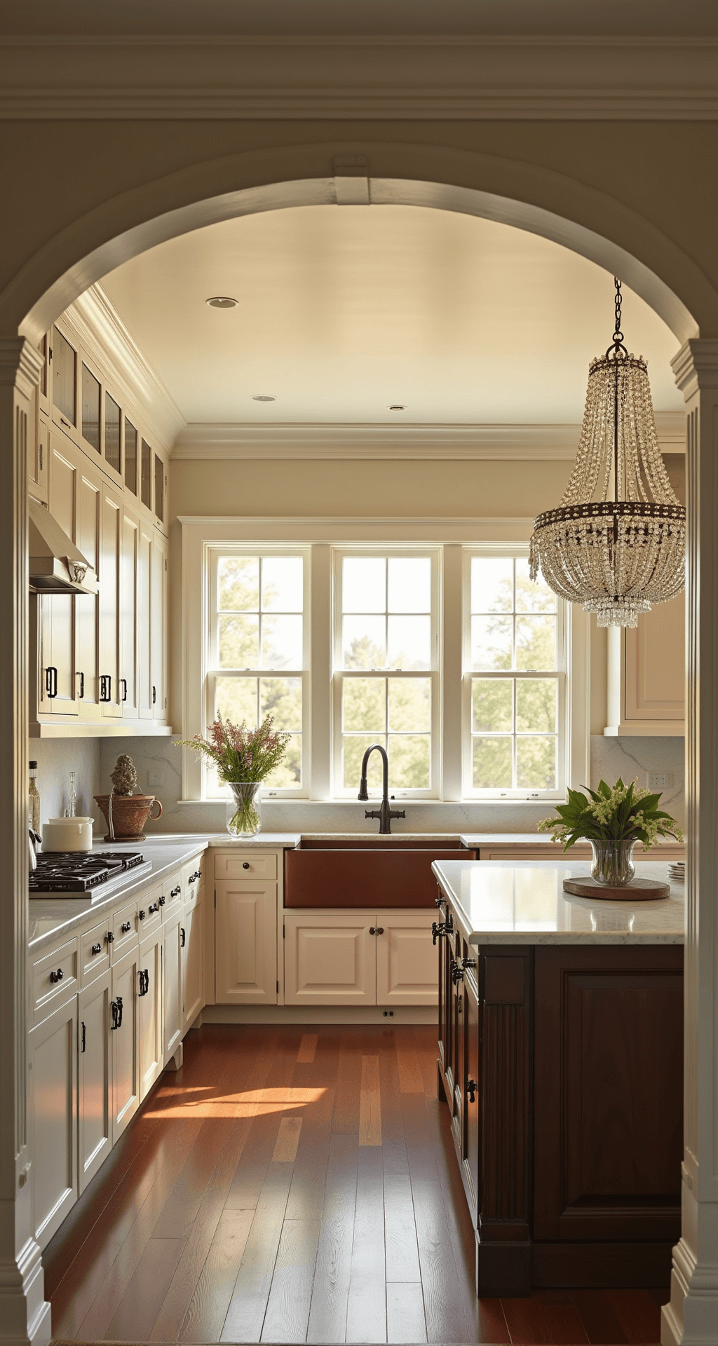 A sun-drenched traditional kitchen featuring cream-colored cabinetry, a copper farmhouse sink, and Calacatta marble countertops, illuminated by golden hour light through west-facing windows, with a crystal chandelier above a walnut island.