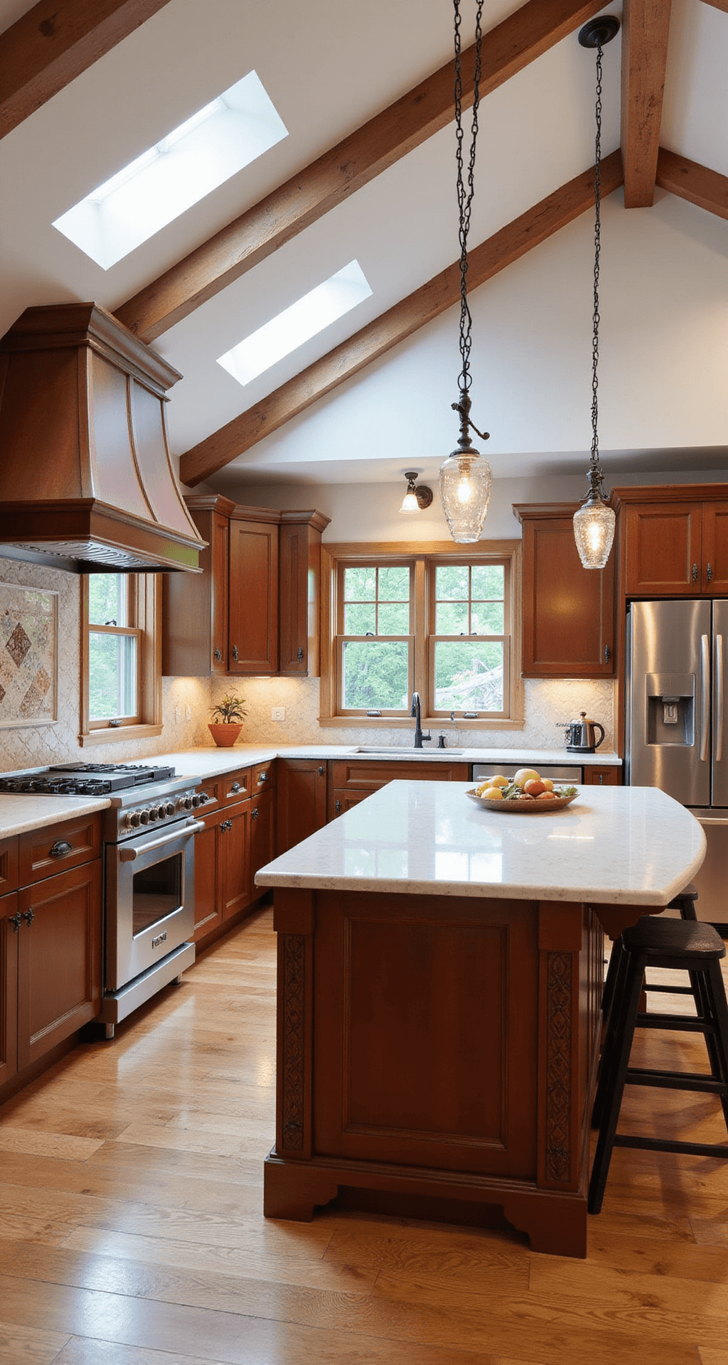Spacious traditional kitchen featuring exposed wooden beams, custom cherry cabinets, stainless steel appliances, Crema Marfil marble counters, and rustic wrought iron pendant lights, captured from an elevated angle.