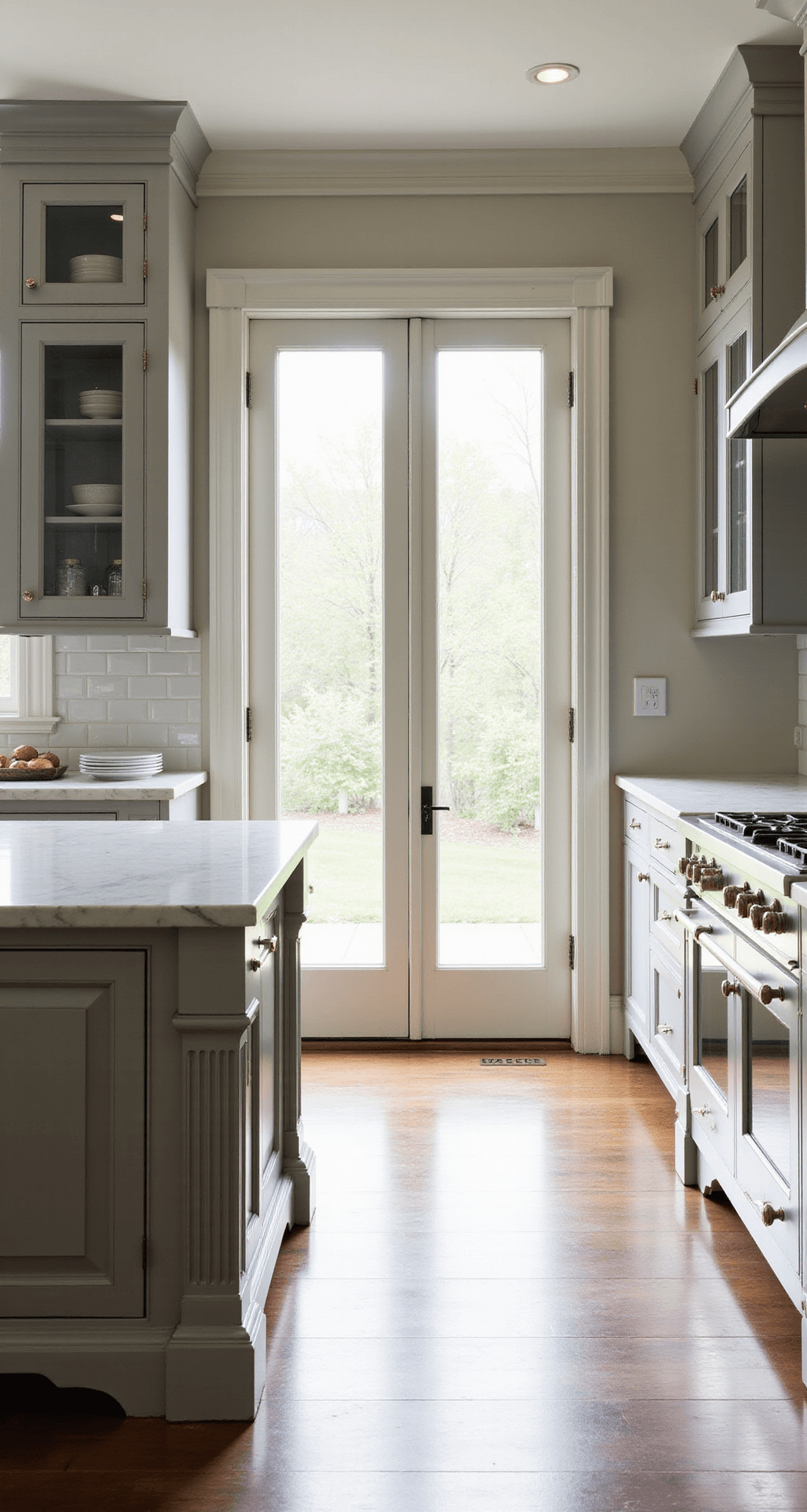 A bright, traditional kitchen with dove-gray cabinetry and Carrara marble counters, featuring French doors and illuminated by dawn light, showcasing polished nickel hardware and elegant crown molding.