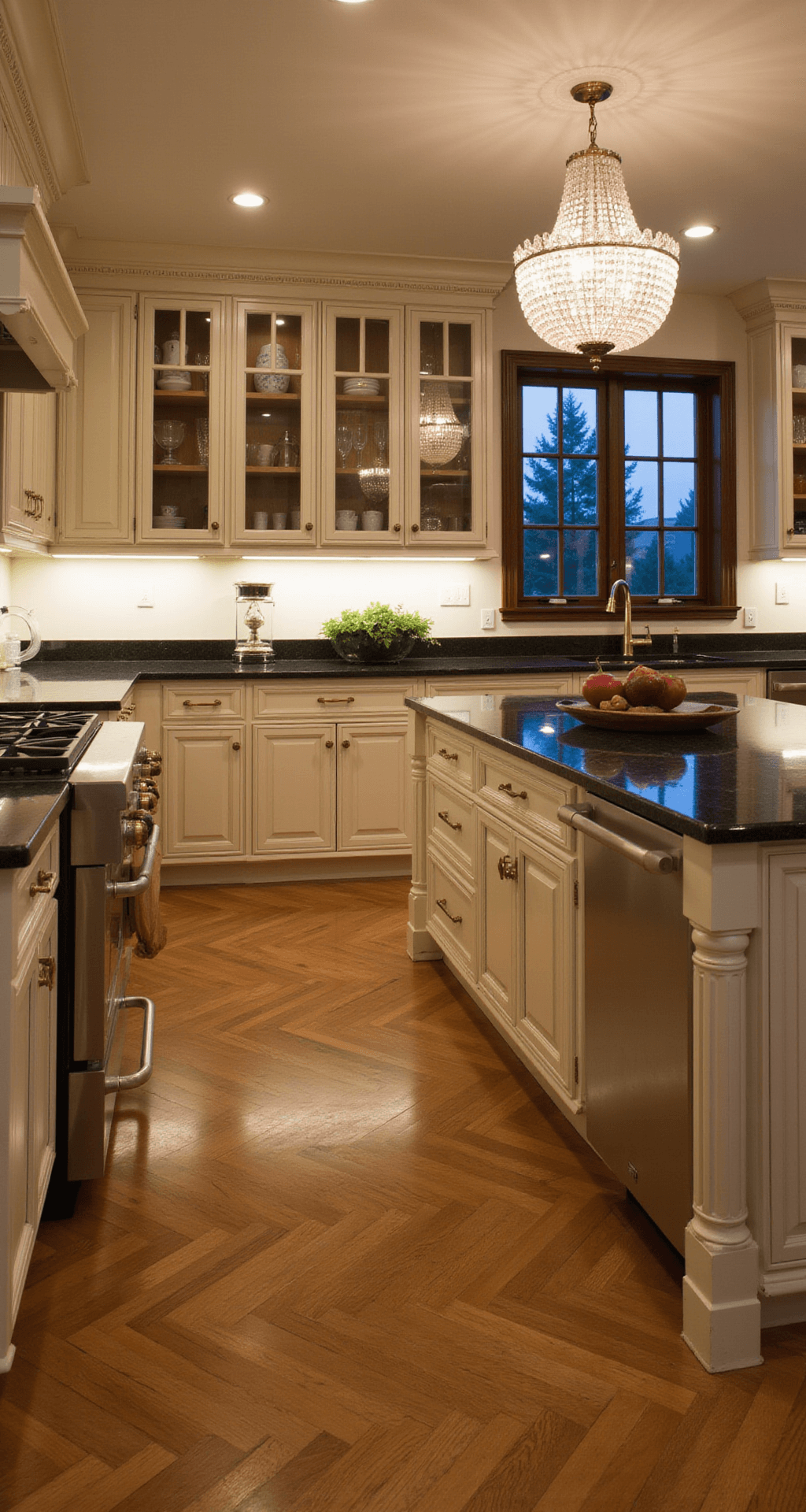 A traditional kitchen at dusk featuring painted ivory cabinetry, raised panels, and carved corbels, illuminated by warm undercabinet lighting and a crystal chandelier, with brushed brass hardware and Vermont Black granite counters, herringbone wood floors, and an inviting atmosphere.