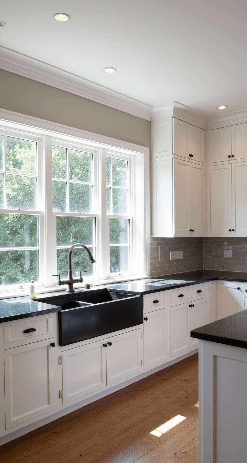 A bright traditional kitchen with white inset cabinetry, honed Absolute Black granite counters, a farmhouse sink, and vintage oil-rubbed bronze fixtures, featuring substantial crown molding and a subway tile backsplash, captured in morning sunlight from a corner angle.