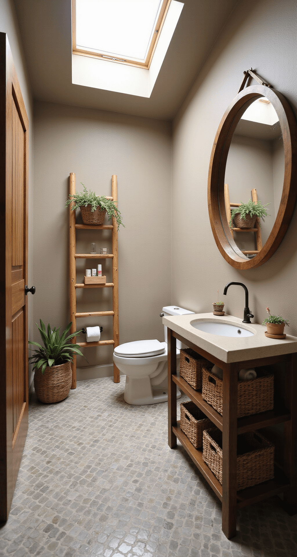 Elevated view of a sustainable bathroom showcasing a herringbone-laid recycled glass tile floor, low-flow toilet, bamboo storage ladder with woven baskets, warm greige textured plaster walls, and an oversized circular mirror with a reclaimed wood frame, all illuminated by natural light from a skylight and subtle LED accents.