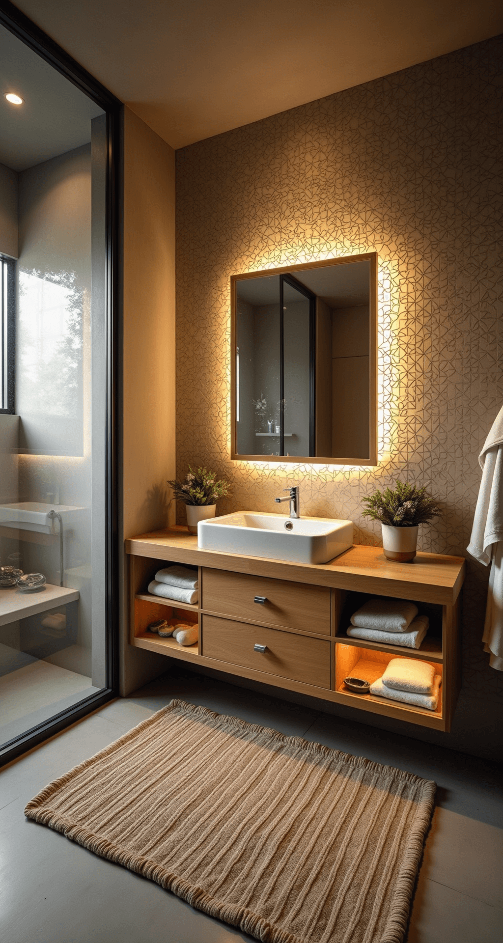 Bird's eye view of an eco-friendly bathroom featuring a floating bamboo vanity with LED lighting, a recycled glass mosaic wall reflecting morning light, minimalist hidden cabinets, an organic cotton runner on a polished concrete floor, and dramatic dawn lighting showcasing spatial flow and material transitions.