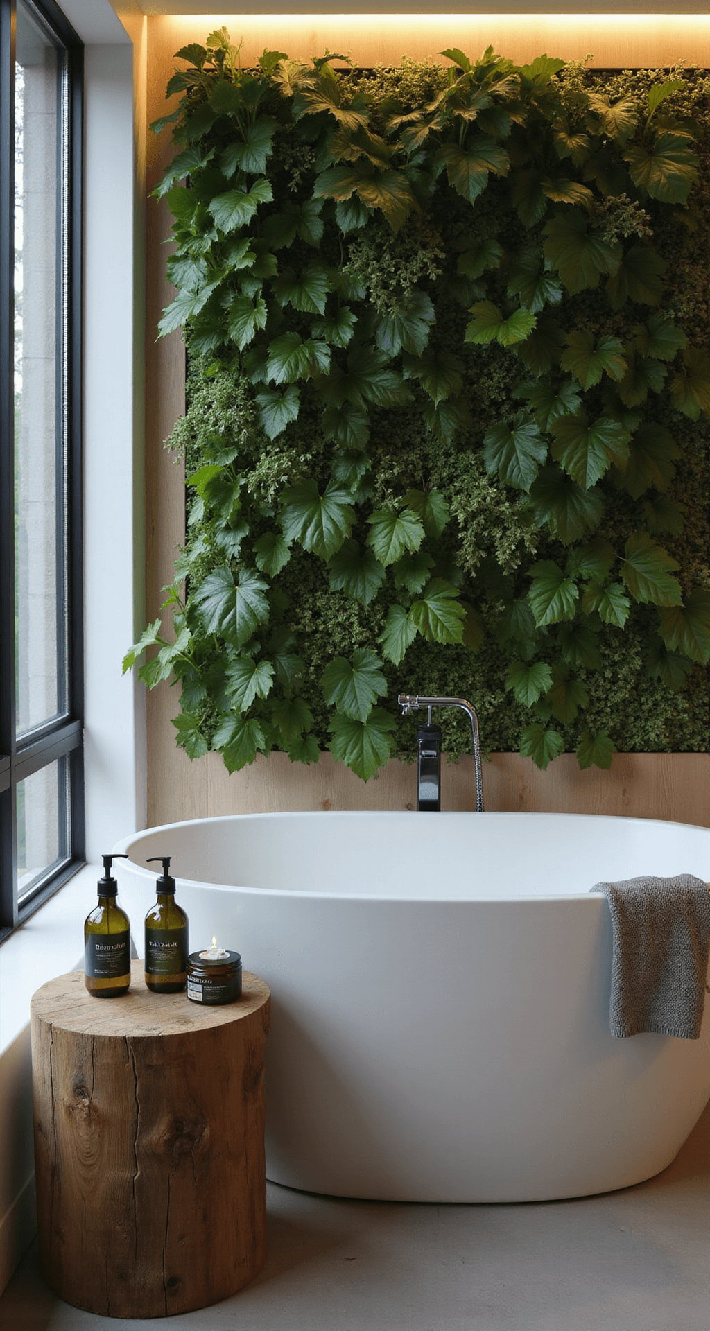 Eye-level view of a freestanding matte white soaking tub against a vertical garden wall at twilight, featuring air-purifying plants. A reclaimed wood stool displays biodegradable bath products in glass containers, with soft LED strip lighting creating a warm ambiance. The color palette includes forest green, natural wood, white, and pale grey, highlighting the blend of indoor luxury and nature.