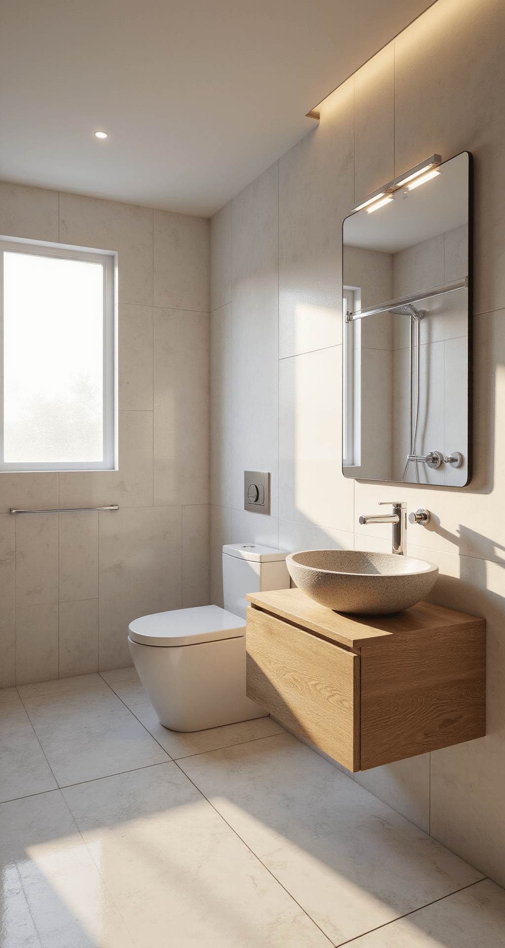 Minimalist bathroom during golden hour, featuring white marble tiles, a bleached oak floating vanity, frameless glass shower, wall-mounted toilet, oversized mirror, and a textured stone vessel sink, all illuminated by soft natural light.