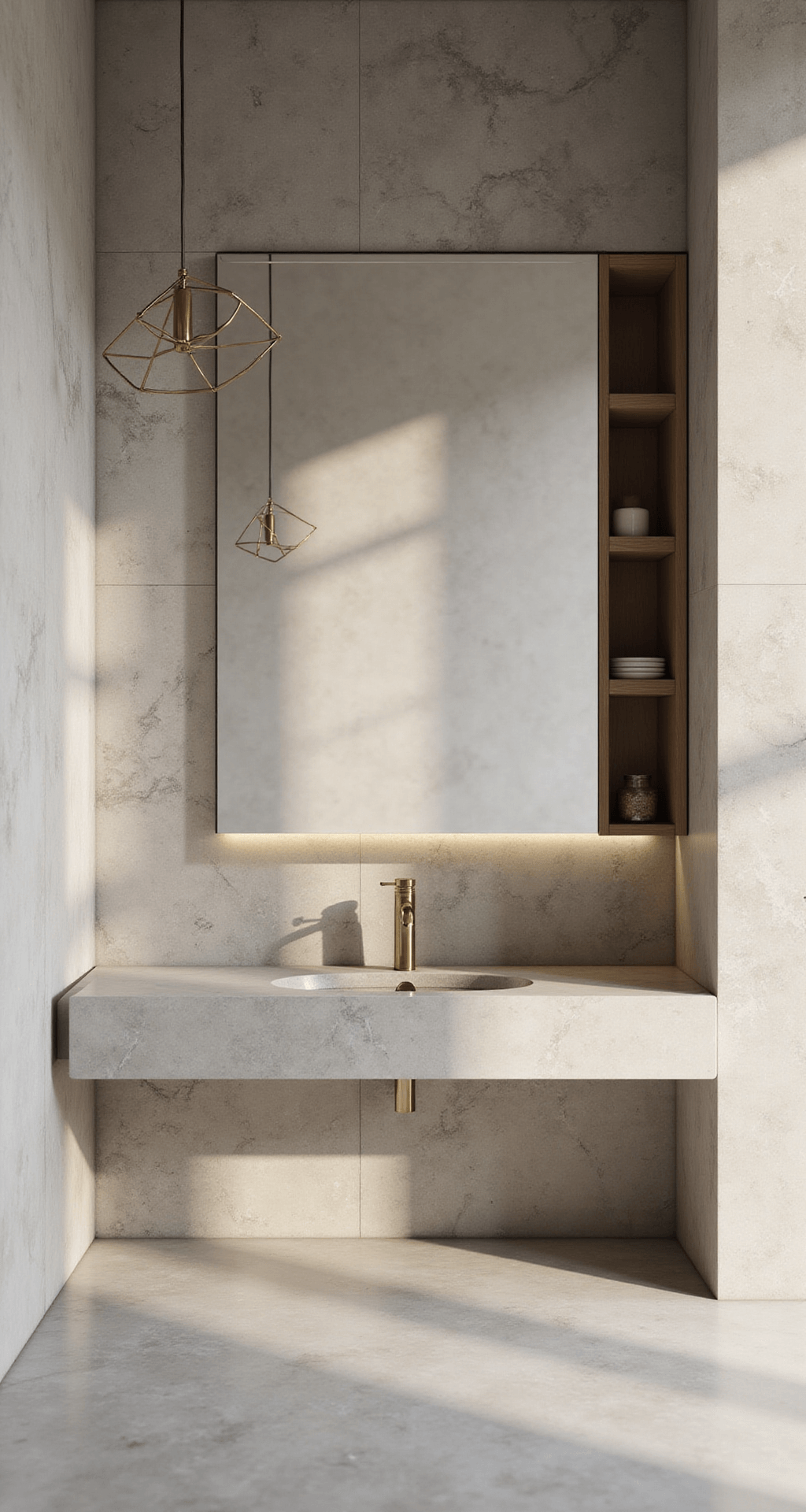 A serene bathroom with marble-effect porcelain walls, a wall-mounted brass faucet above a slim mirror, minimalist wooden shelving in a recessed niche, and a geometric pendant light, all illuminated by soft morning light from an elevated perspective.