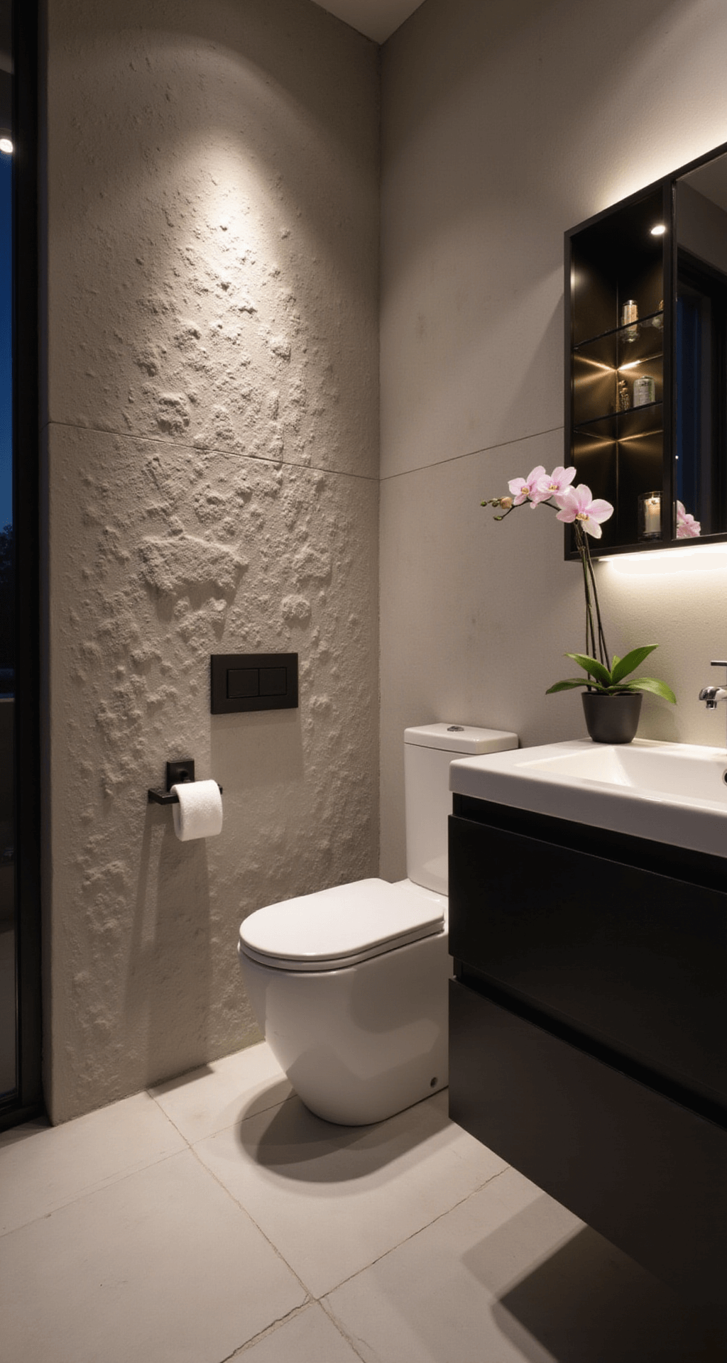An intimate bathroom scene featuring dramatic accent lighting, with a textured limestone wall illuminated by a floor-mounted vanity light and hidden LED strips. A floating toilet and vanity enhance space, complemented by smoky glass wall-mounted storage. A single orchid adds organic contrast to the neutral color palette of chalk white, warm gray, and charcoal accents. The image captures vertical lines and spatial depth, with a soft focus background and light trails from a long exposure technique.
