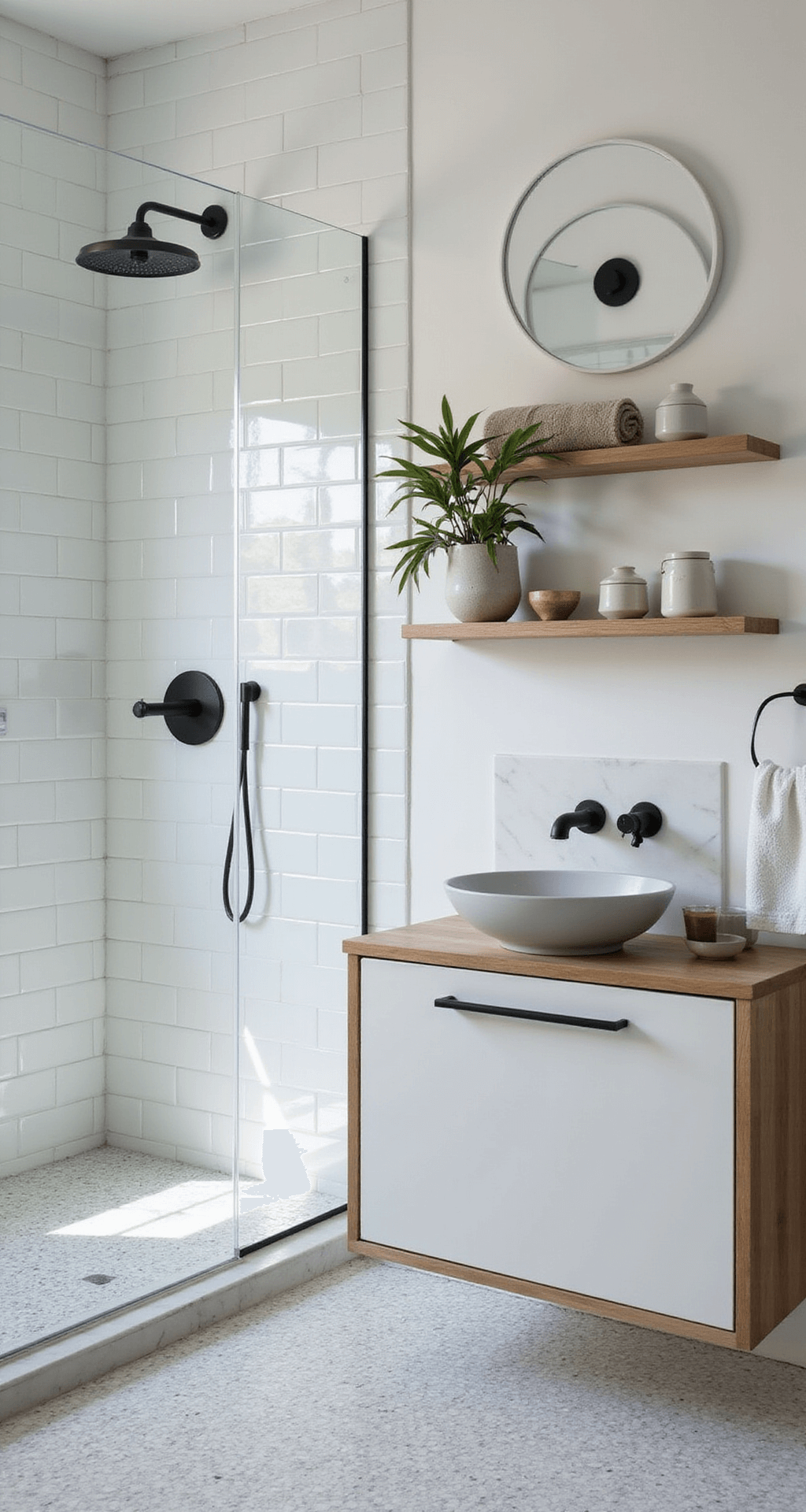 Bright, airy 8x10ft guest bathroom with hexagonal marble floor tiles and a glass-enclosed shower, featuring contemporary matte black fixtures, white subway tile walls, floating shelves with spa essentials, a round backlit mirror above a sleek vessel sink, and a color palette of bright white, soft gray, and touches of sage green.