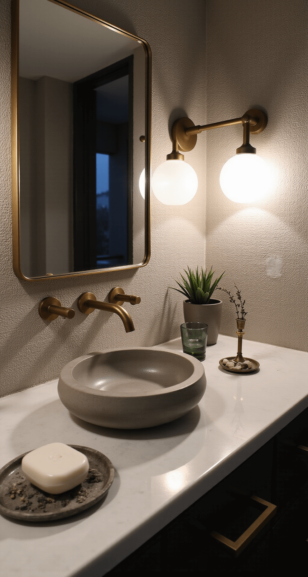 A luxurious vanity vignette featuring a handcrafted concrete sink against textured grasscloth wallpaper, highlighted by modern sconces. The scene showcases an alabaster soap dish, hand-blown glass vessels, a small succulent, and organic elements like dried lavender and river stones, with warm brushed brass hardware and a frameless mirror reflecting the elegant arrangement.