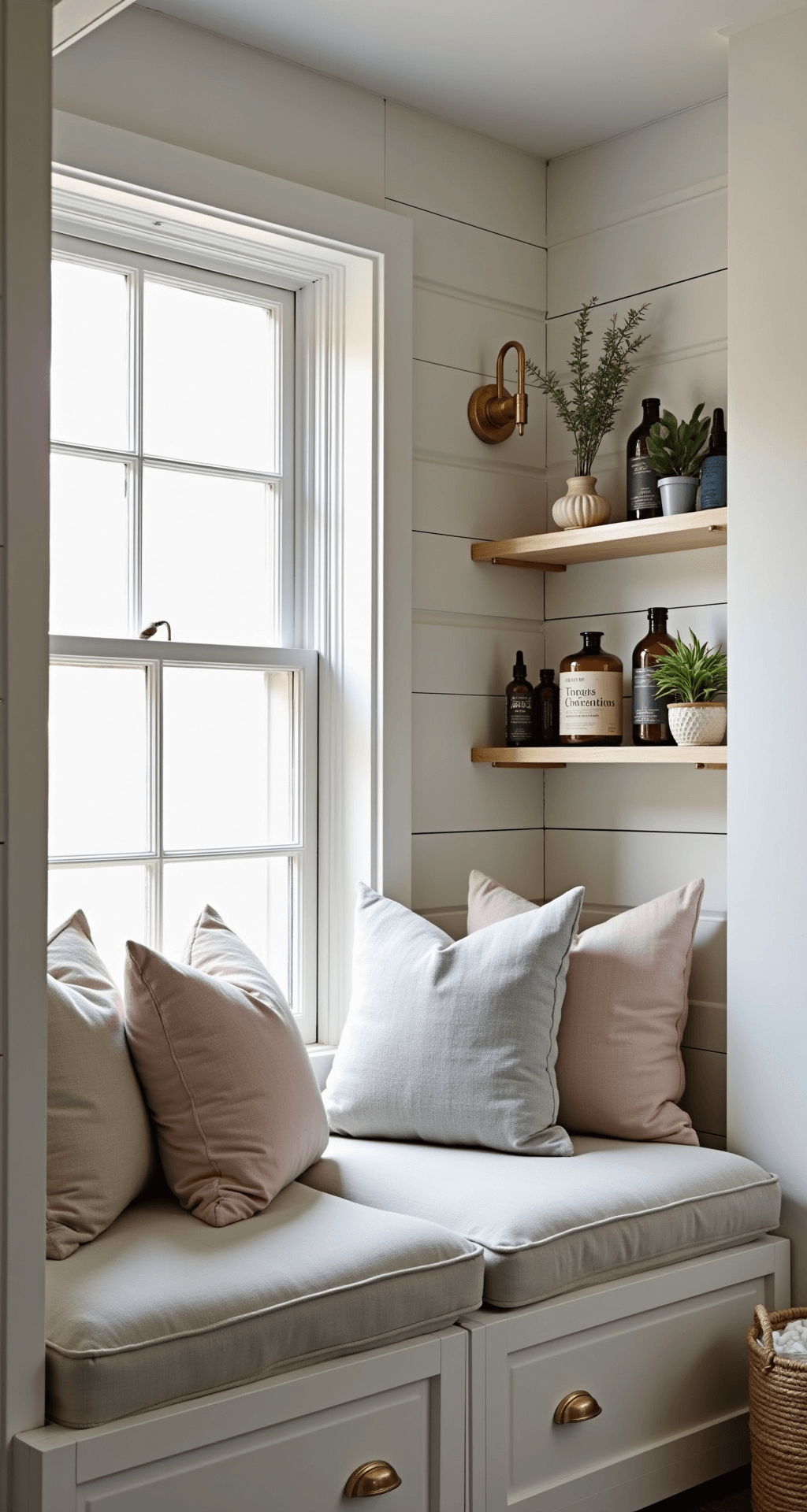 Cozy bathroom reading nook during blue hour, featuring a built-in window seat with storage drawers, natural linen cushions, metallic pillows, and shiplap walls in soft white. A brass library sconce lights floating shelves with vintage apothecary bottles and air plants, while a seagrass basket holds extra throws. The color palette includes soft pastels: blush, pearl gray, and pale blue, emphasizing the intimate atmosphere.