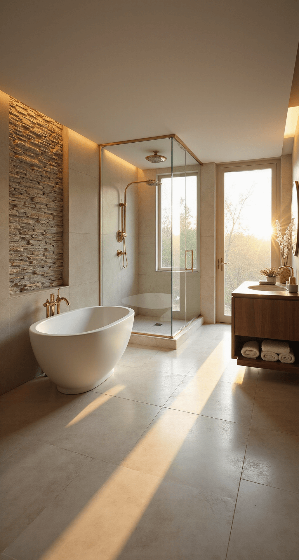 A luxurious master bathroom featuring a freestanding matte white oval tub, textured stone accent wall, oversized cream travertine tiles, and a frameless glass rainfall shower, illuminated by warm golden hour light streaming through floor-to-ceiling windows. A custom teak vanity with a backlit oval mirror and plush ivory towels on a heated brass towel rack complete the sophisticated ambiance.