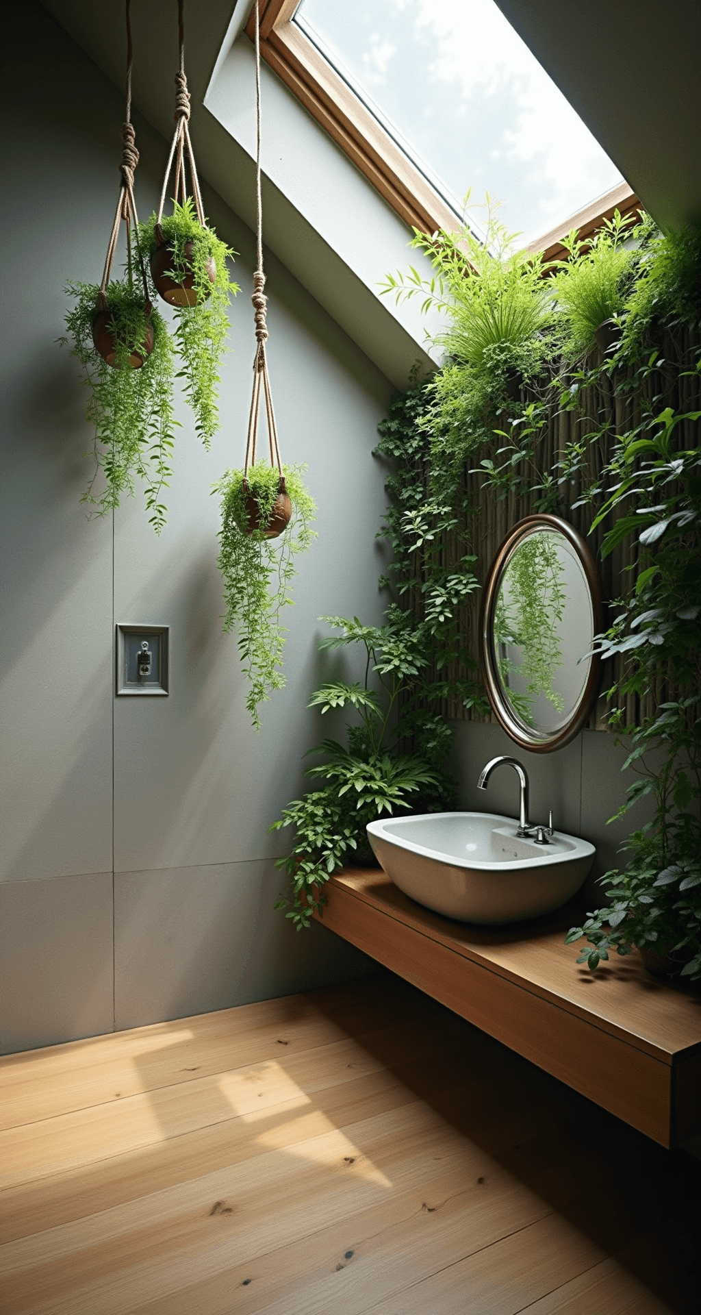 Wide-angle view of a biophilic bathroom featuring a vaulted skylight, potted ferns hanging from macramé holders, a moisture-rich vertical garden wall, and a freestanding concrete sink with a waterfall faucet, illuminated by morning light filtering through a frosted window.