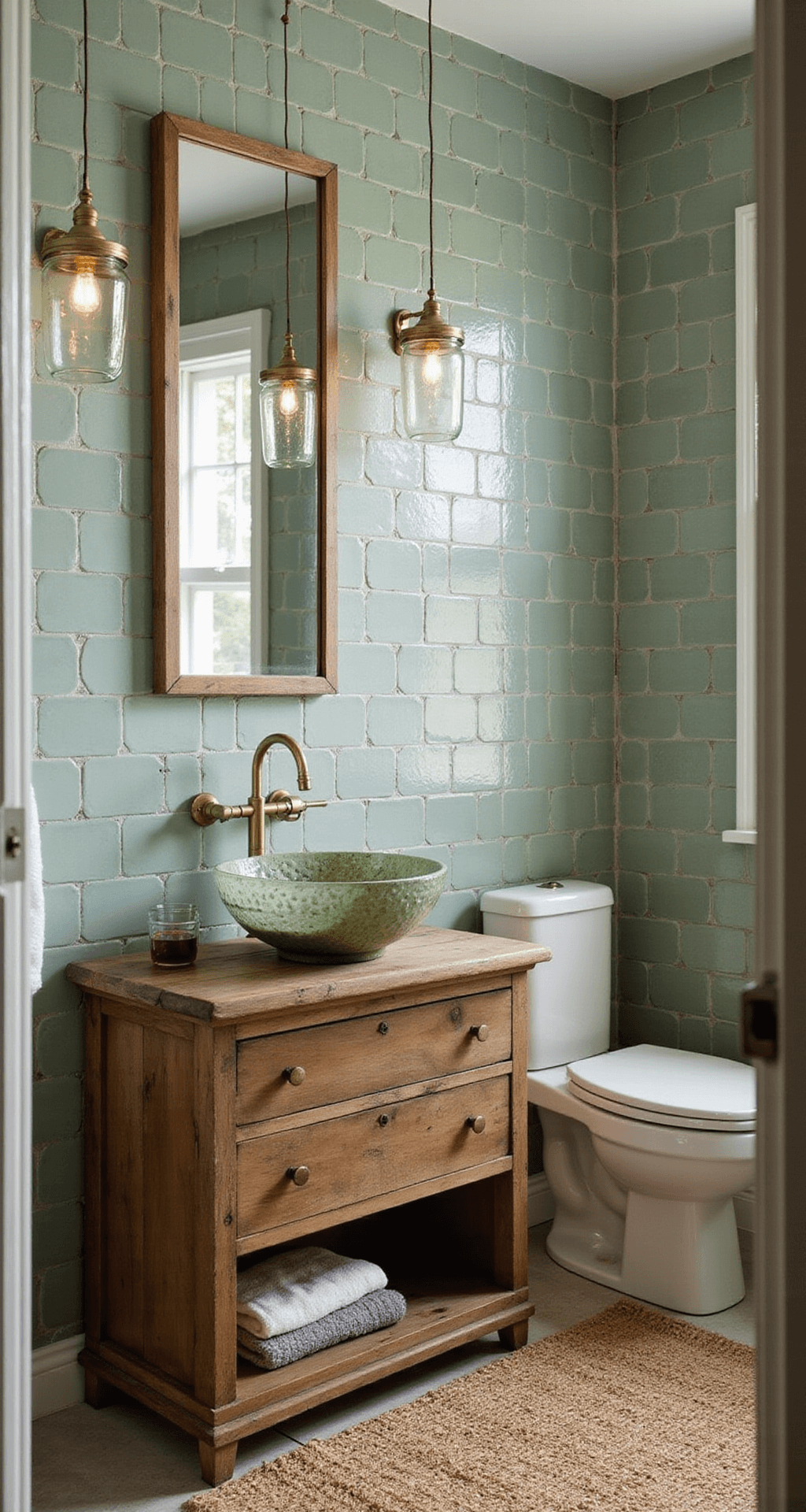 Contemporary powder room featuring a reclaimed wood vanity with a recycled glass vessel sink, sage green handmade ceramic tile walls, repurposed mason jar pendant light, natural jute rug, and a restored vintage brass mirror, captured at a 45-degree angle with soft diffused lighting.