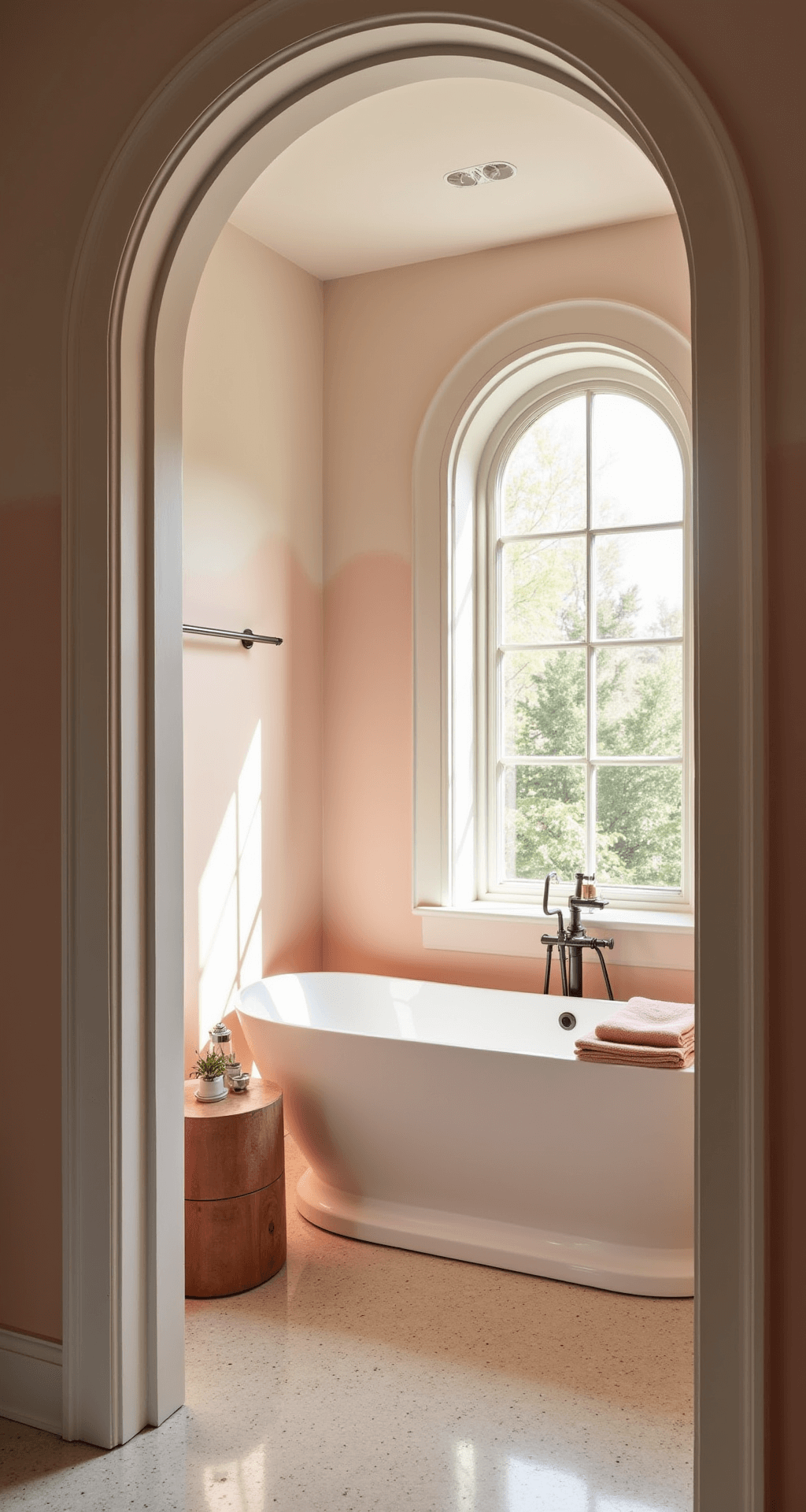 Intimate bathroom featuring ombré wallpaper in blush pink and cream, a modern white egg-shaped tub under an arched window, warm neutral terrazzo flooring with brass inlays, dusty rose textiles, and pale oak millwork, captured during golden hour from a low angle to highlight color harmony and architectural details.