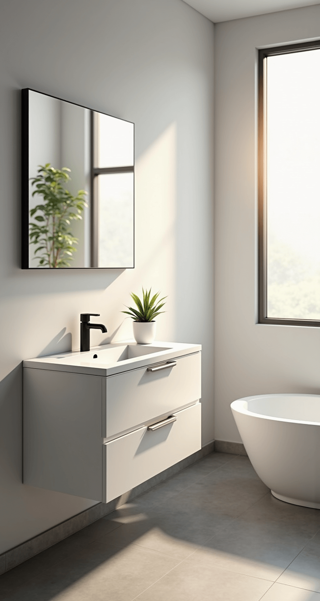 A minimalist bathroom featuring a wall-mounted floating vanity in matte white, a freestanding oval white tub, and a matte black faucet, illuminated by morning sunlight through a frosted window, with light grey porcelain tiles and a potted succulent adding a touch of nature.