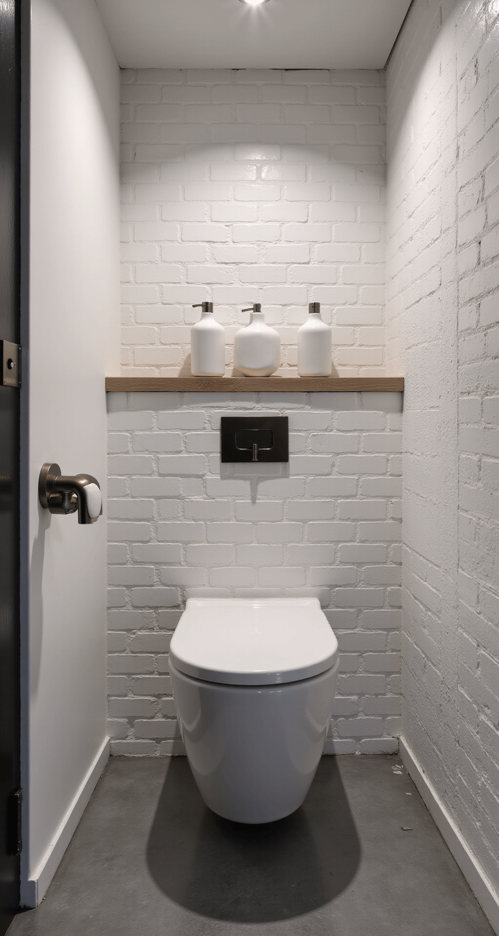 Low-angle view of a minimalist bathroom at twilight, featuring white subway tiles, a wall-mounted toilet, a bleached oak shelf with ceramic containers, and grey concrete-effect floor tiles, illuminated by recessed LED lighting.